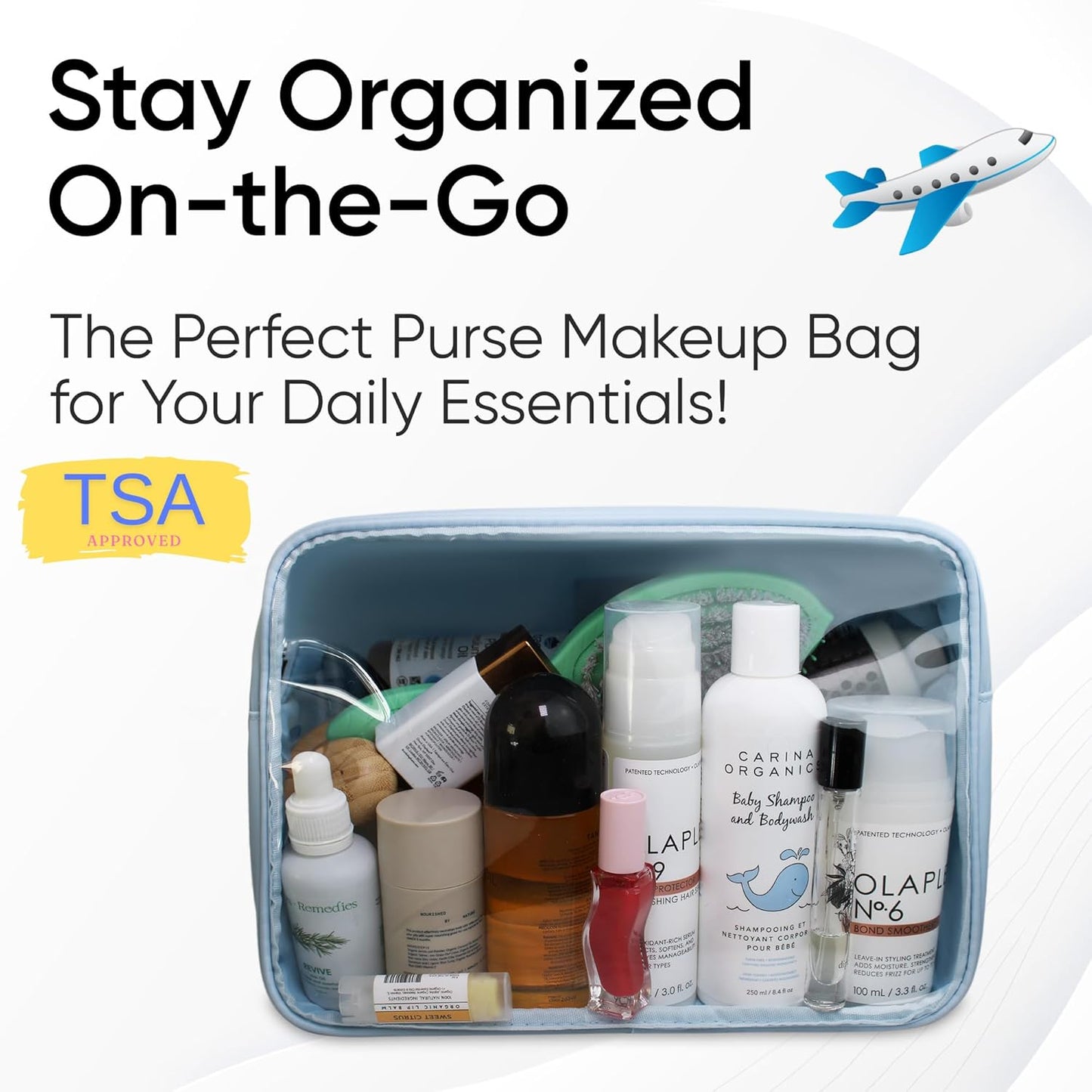 Large Clear Makeup Bag TSA-Approved Travel Cosmetic Pouch Spacious Transparent Toiletry Bag for Women and Girls Waterproof Clear Organizer Case Light Blue