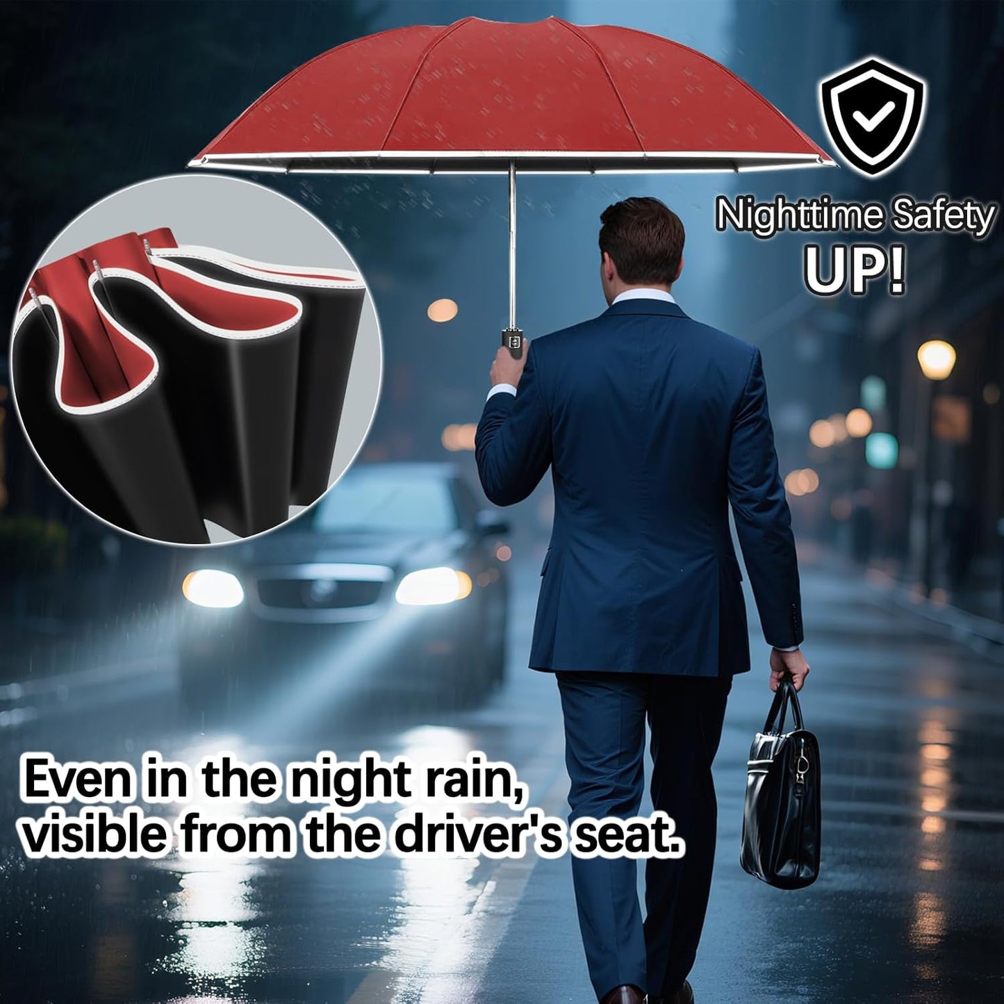 Travel Umbrella for Rain, Automatic Folding Windproof Umbrella with Case - Compact Reverse with 360° Reflective Stripe, Light & Portable Durable for Women & Men
