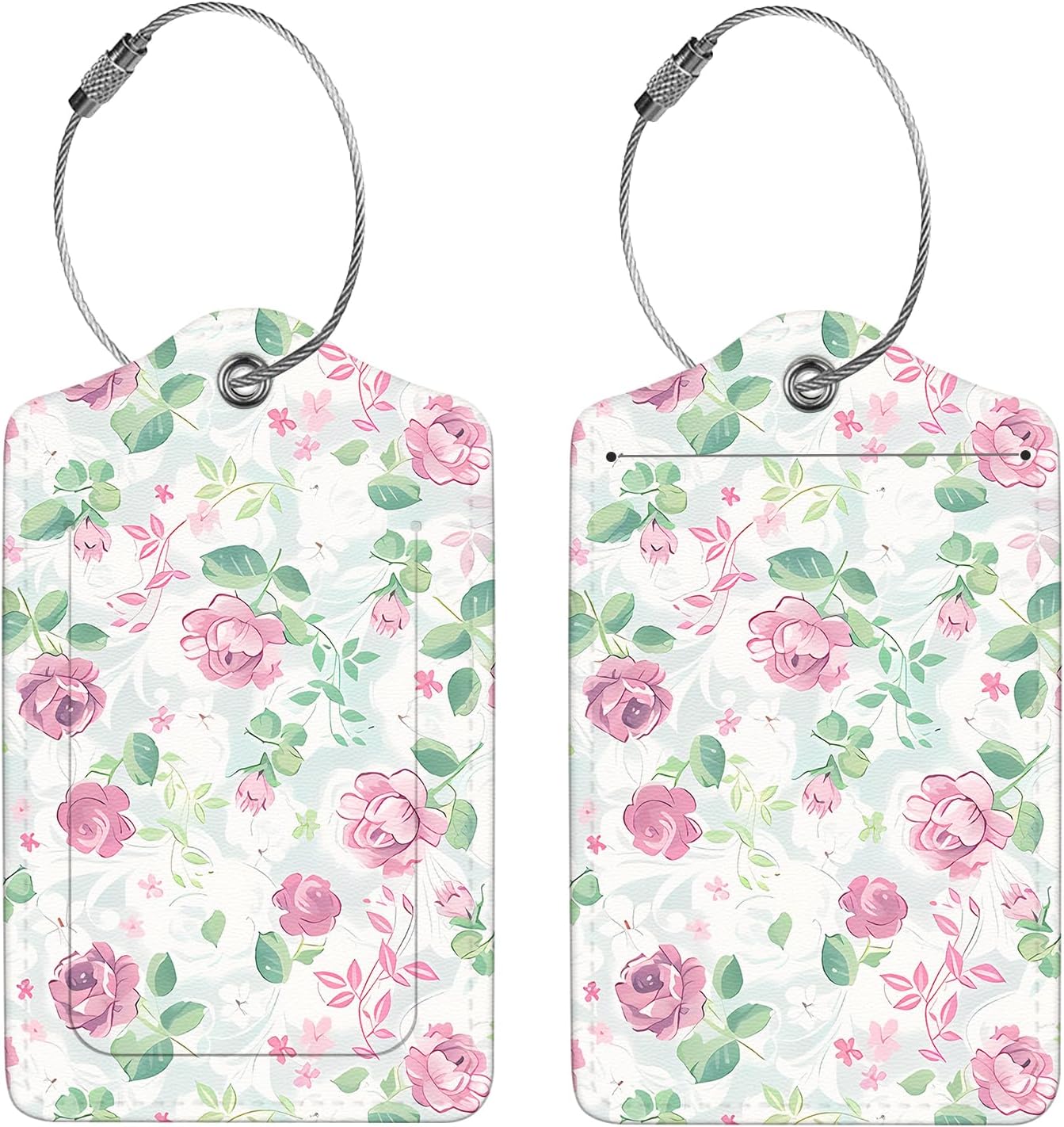 2 Pcs Luggage Tags for Suitcase, Cute Unique PU Leather Travel Bag Tag with Privacy Cover ID Label Address Card and Durable Metal Ring Suitable for Men Women Children Backpack,Flower A