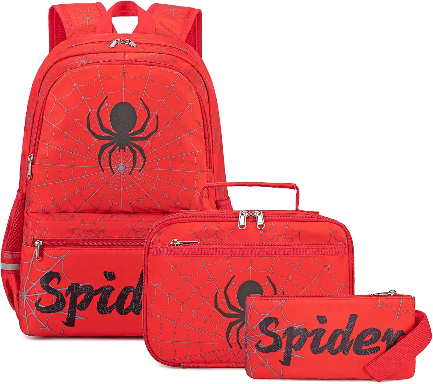 Octsky Kids School Backpack with Lunch Box Pencil Case for Boys, Spider Elementary Middle School Book Bags for Teen Boy Children, Red Black