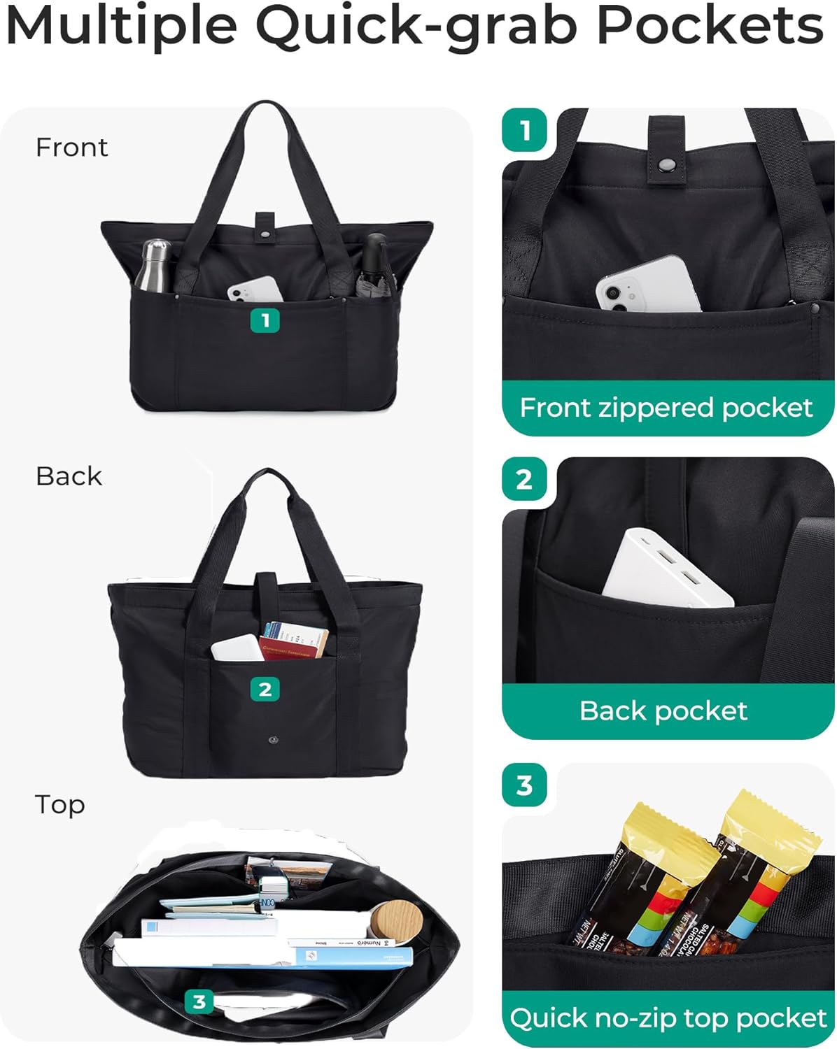 BAGSMART Tote Bag for Women, Foldable Tote Bag With Zipper Travel Large Shoulder Bag Handbag for Work-16.5''l X 6''wx 14''h