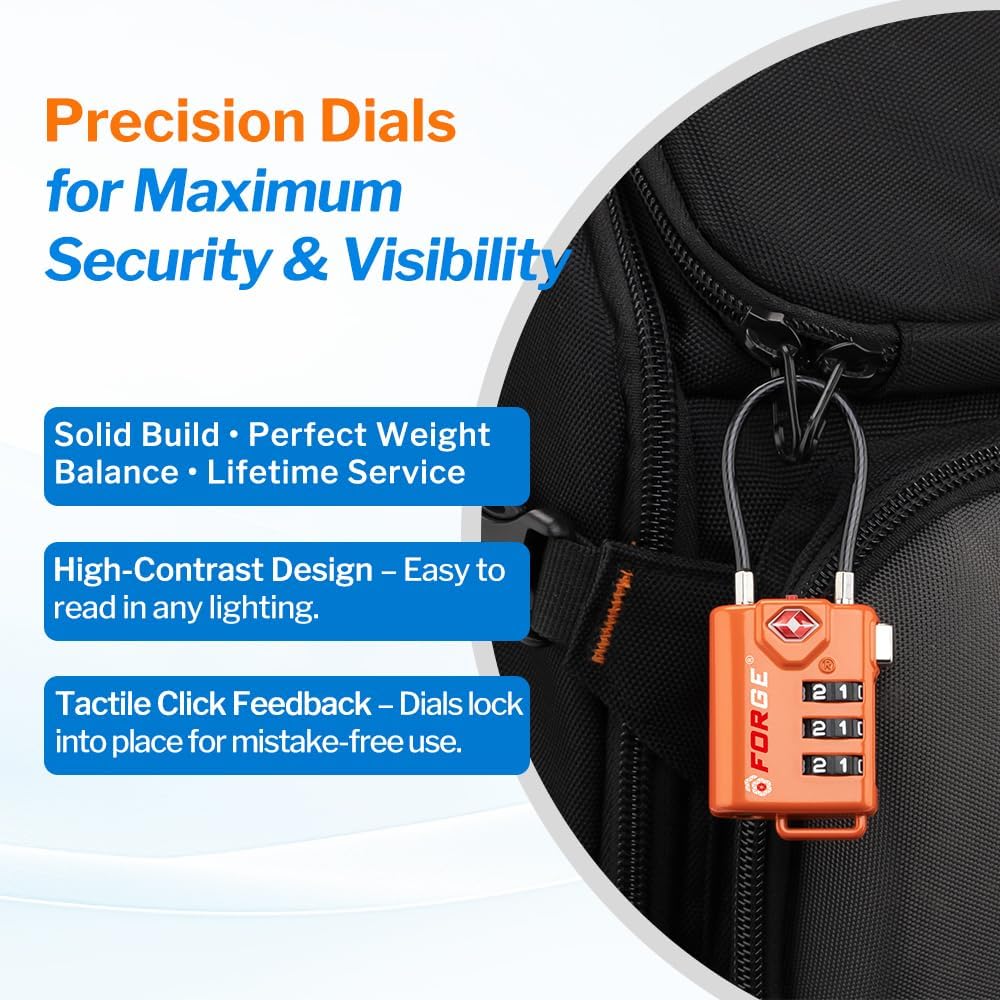 TSA Approved Cable Luggage Locks, Re-settable Combination with Alloy Body, Orange 4 Locks.