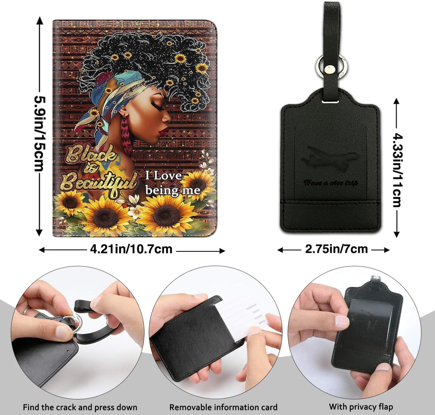 Passport Holder Women Wallet with Luggage Tag, Leather Passport Cover with RFID Blocking, Travel Accessories Multi Card Slot Passport Case for Men，African American Girl Sunflower