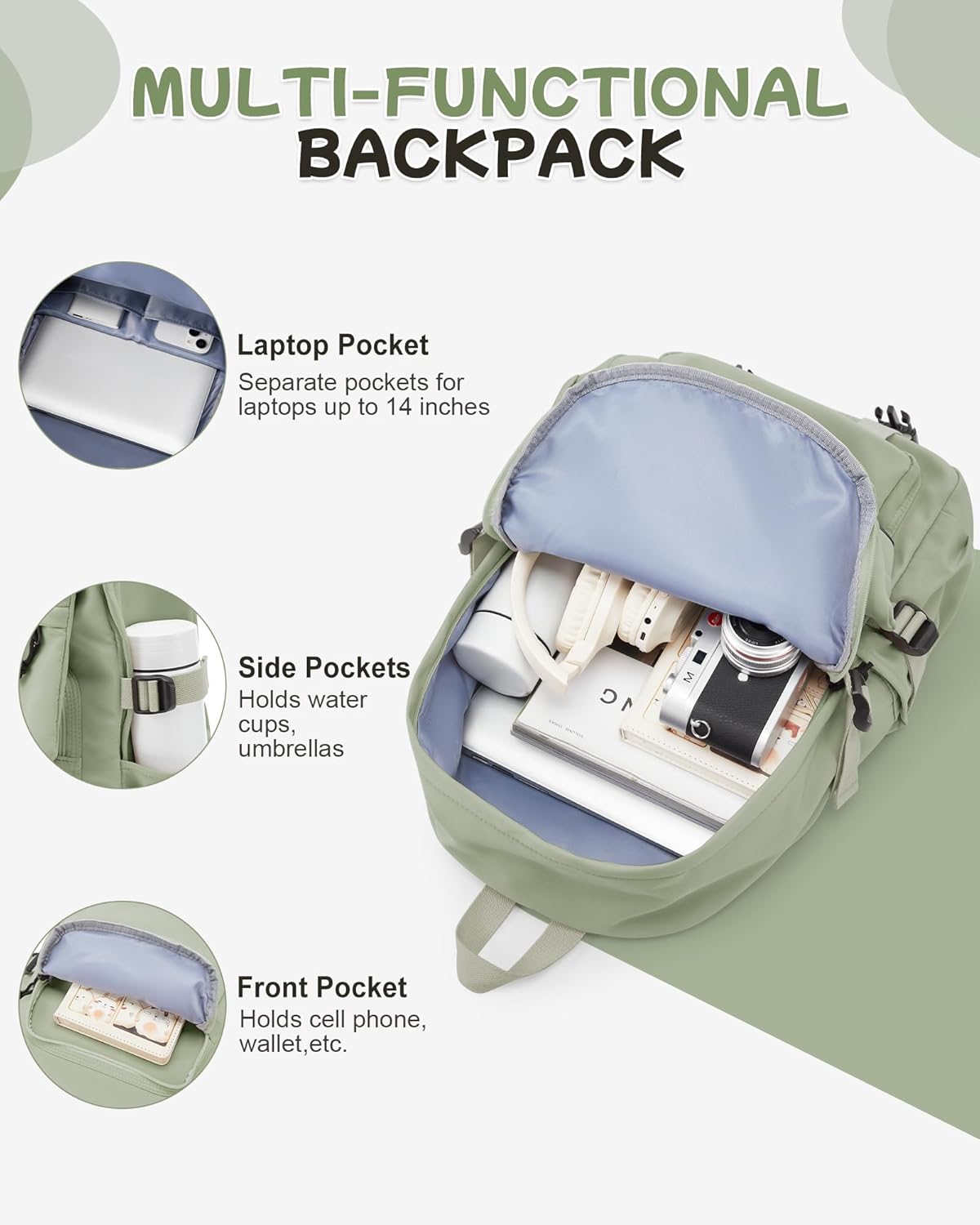 Travel Laptop Backpack For Women Small Computer Work Backpack For Men Lightweight College Teacher Backpacks For Women Causal Daypack Backpacks Grey Green