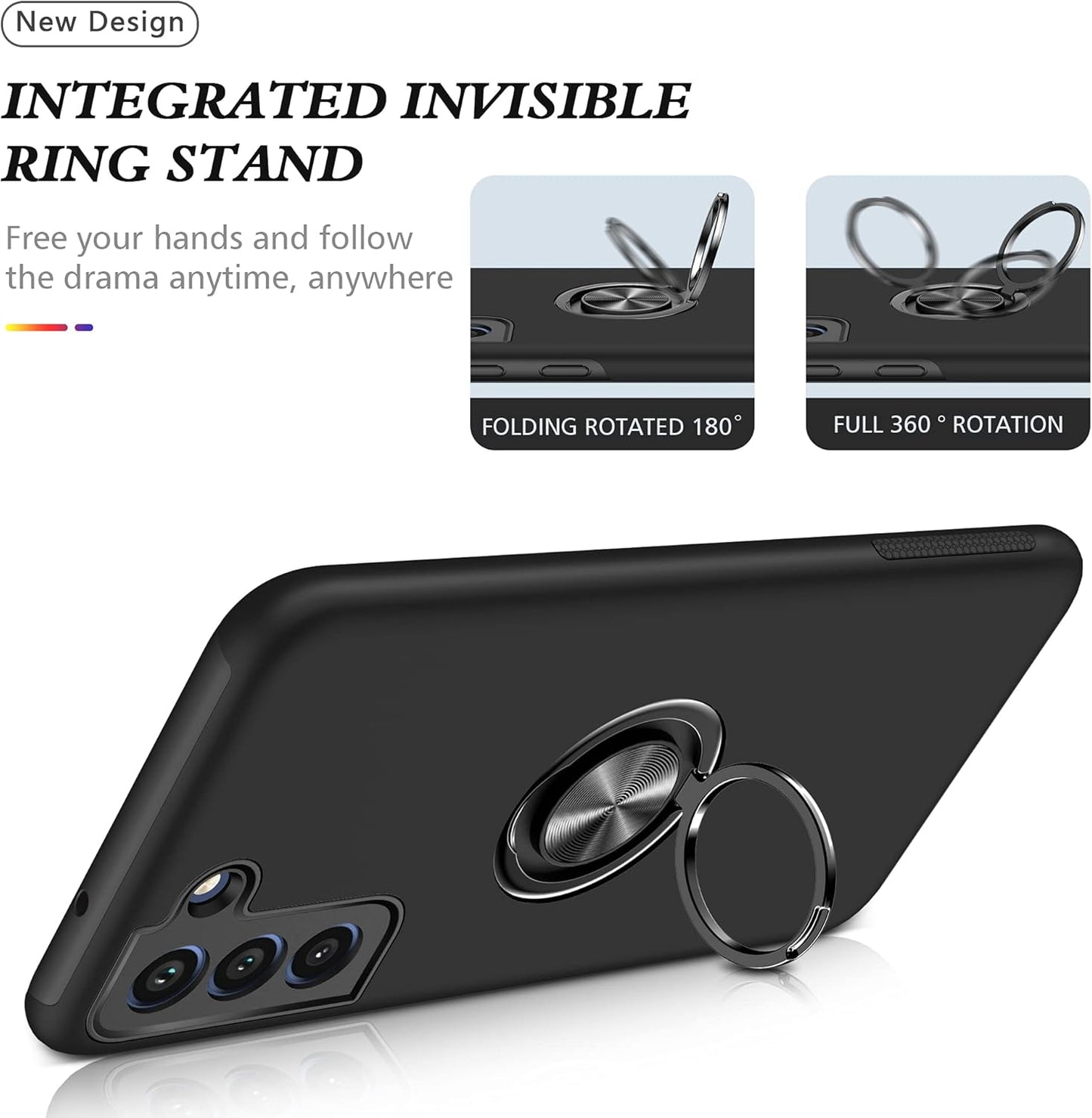 for Galaxy S21 FE 5G Case with Nano Explosion-Proof Film - 2 Pack Military Grade Double Shockproof Invisible Kickstand Case - Black