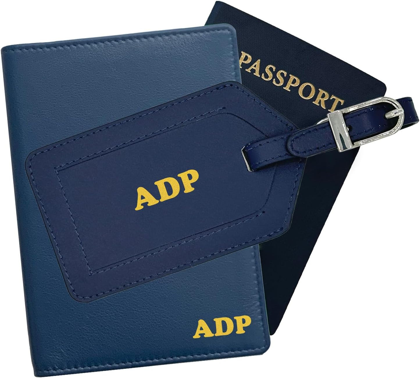 Personalized Monogrammed Navy Leather RFID Passport Wallet and Luggage Tag
