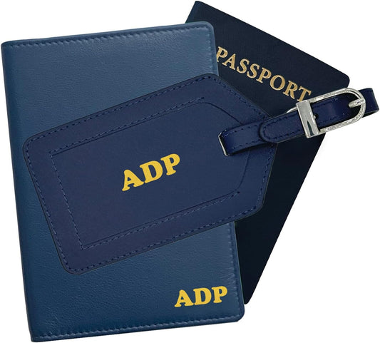 Personalized Monogrammed Navy Leather RFID Passport Wallet and Luggage Tag