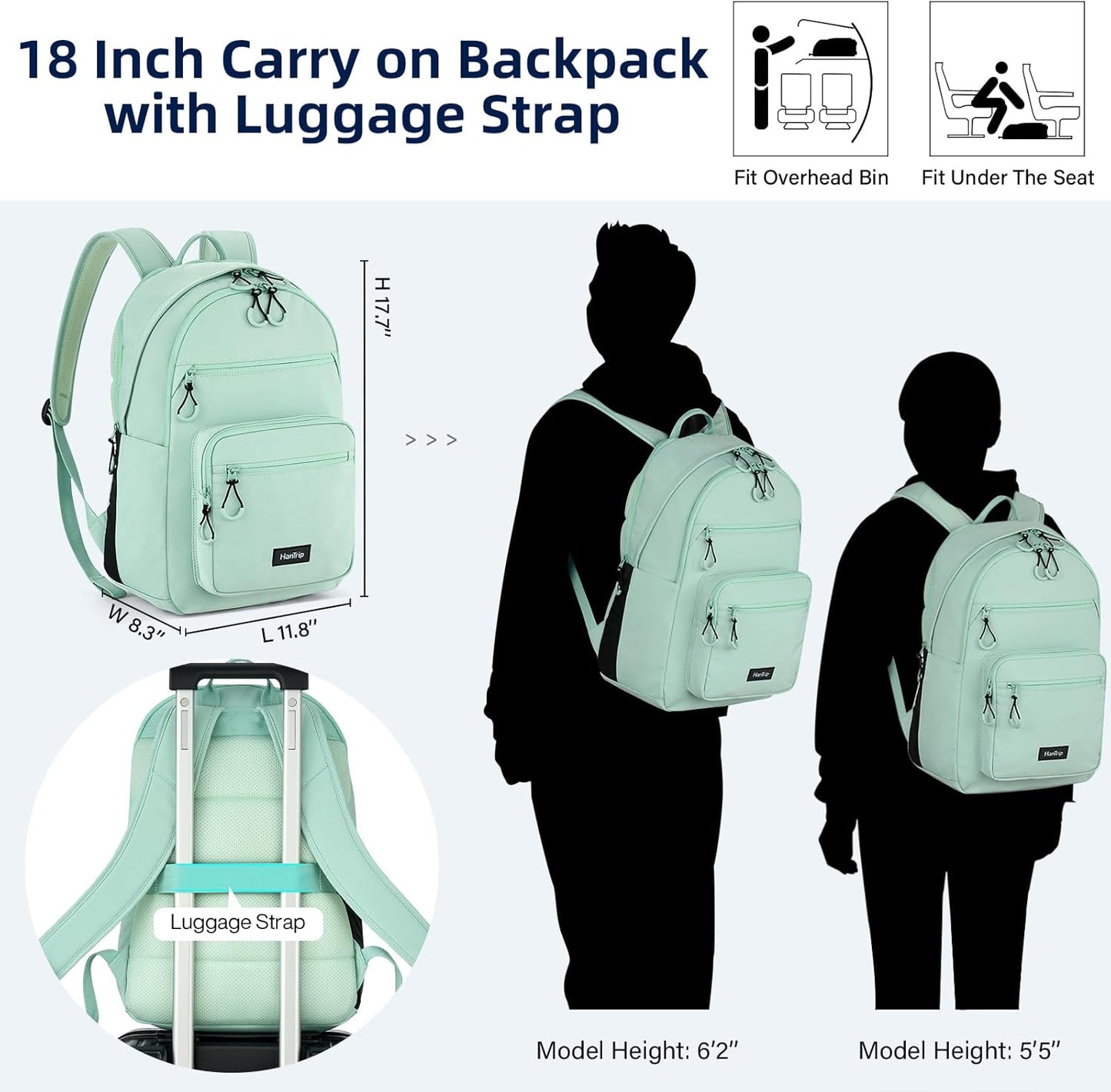 Carry On Travel Backpack For Women, 18 Inch Water Resistant Large Backpack Lightweight Bookbag For Men, 8x14x18 Personal Item Bag Casual Daypack Backpacks For Work Office Commuter (Cyan)