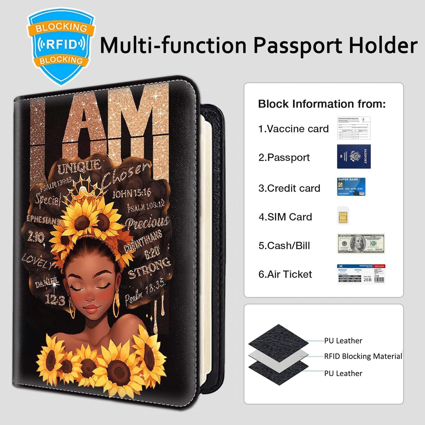 Passport Holder Women Wallet with Luggage Tag, Leather Passport Cover with RFID Blocking, Travel Accessories Multi Card Slot Passport Case for Men，Afro Woman Sunflower