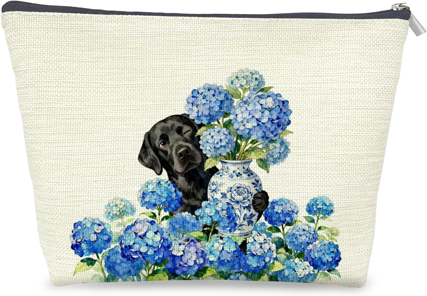 Blue Chinoiserie Hydrangea Labrador Retriever Makeup Bag Gifts for Women, Black Lab Gifts Cosmetic Bag, Grandmillennial Floral Black Labrador Dog Zipper Makeup Pouch Travel Toiletry Bag
