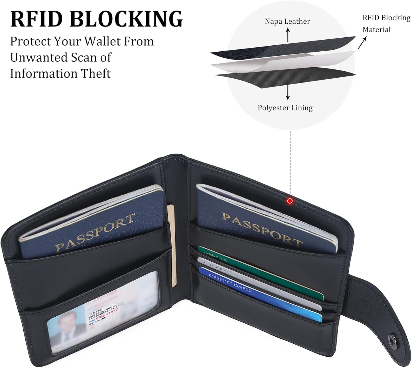 Polare Napa Leather Slim and Soft RFID Blocking wallet For Men Snap Bifold Travel Wallet Passport Holders 2 Passports (Black with AirTag Slot)