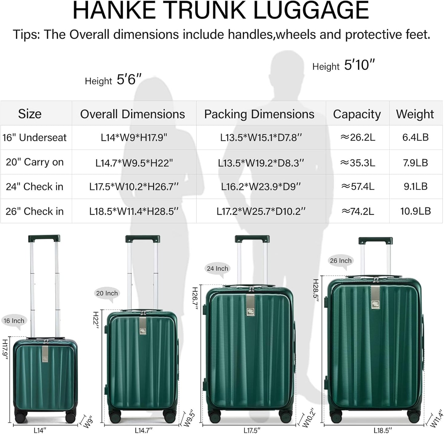 Hanke 26 Inch Large Checked Luggage PC Hard Shell Luggage Top Opening Travel Luggage Suitcases with Wheels for Woman Men.(Dark Green)
