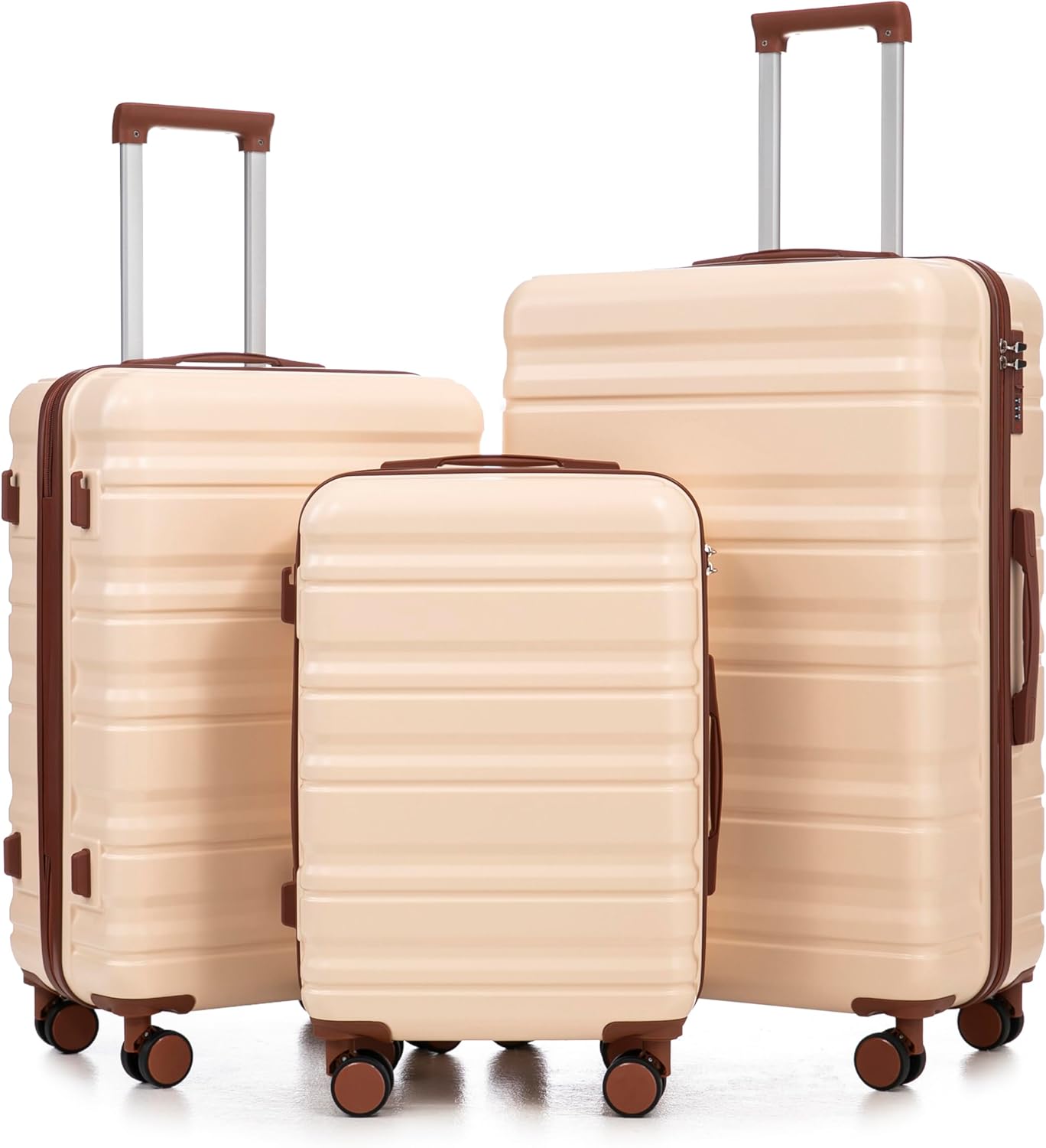 Campfun 3 Piece Luggage Sets, ABS Suitcase Set with Double Spinner Wheels Hang Hook, Durable Carry On Luggage with Combination Lock, 20/24/28 inch, Beige