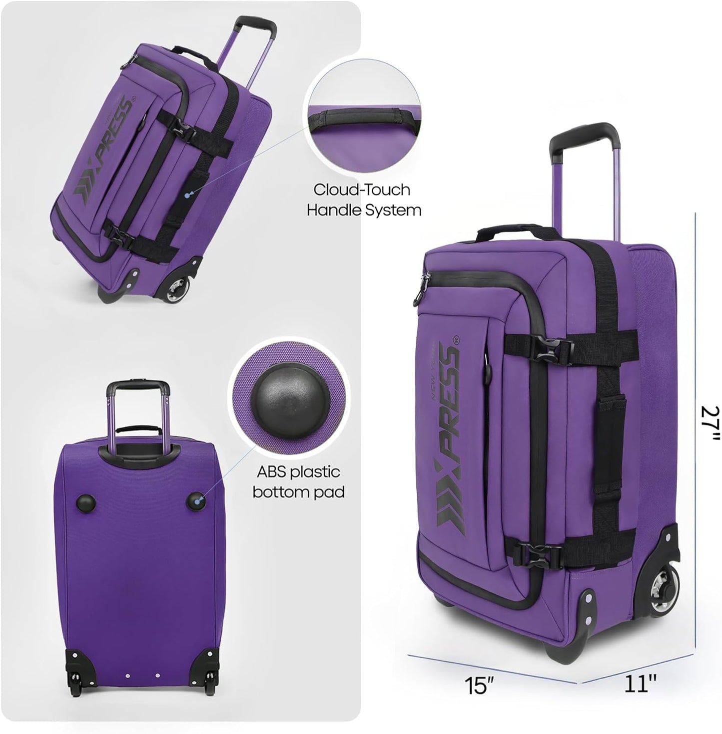 26'' Rolling Duffle Bag with Wheels,Rolling Duffle Bag w/Handle,Carry on Luggage Travel Duffle Bags for Man Women（26,Purple）