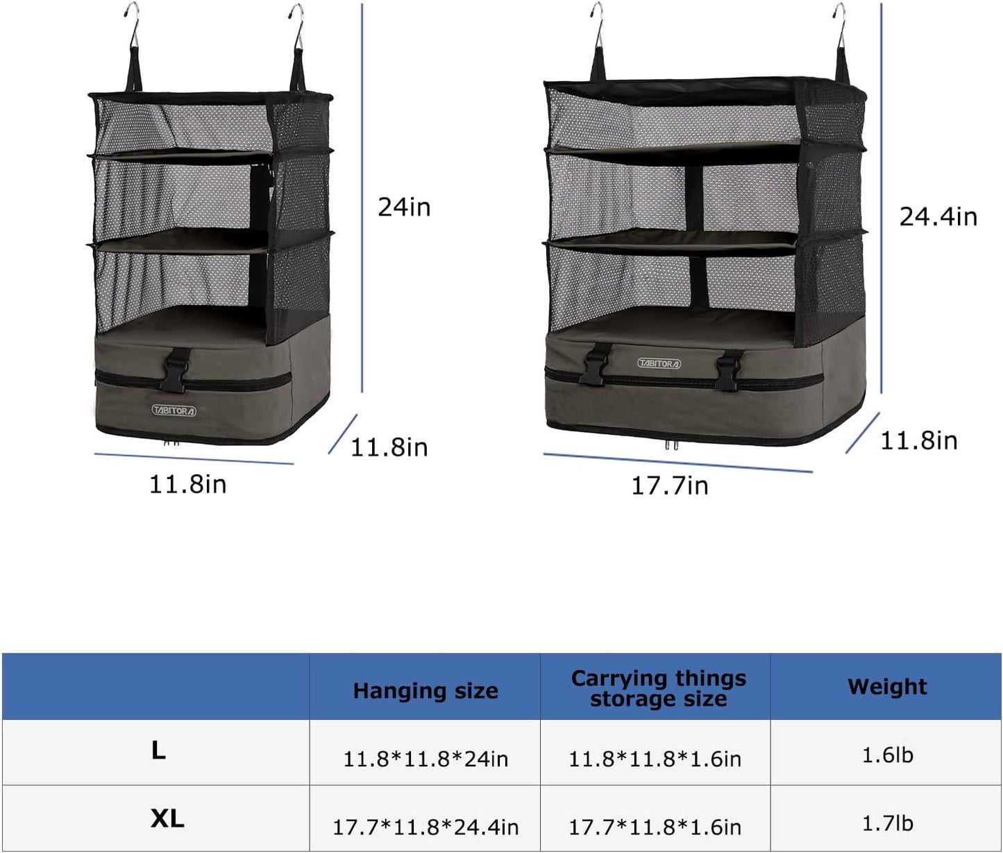 TABITORA Portable Hanging Travel Shelves Bag Packing Cube Organizer Suitcase Storage Large Capacity (Taupe L)
