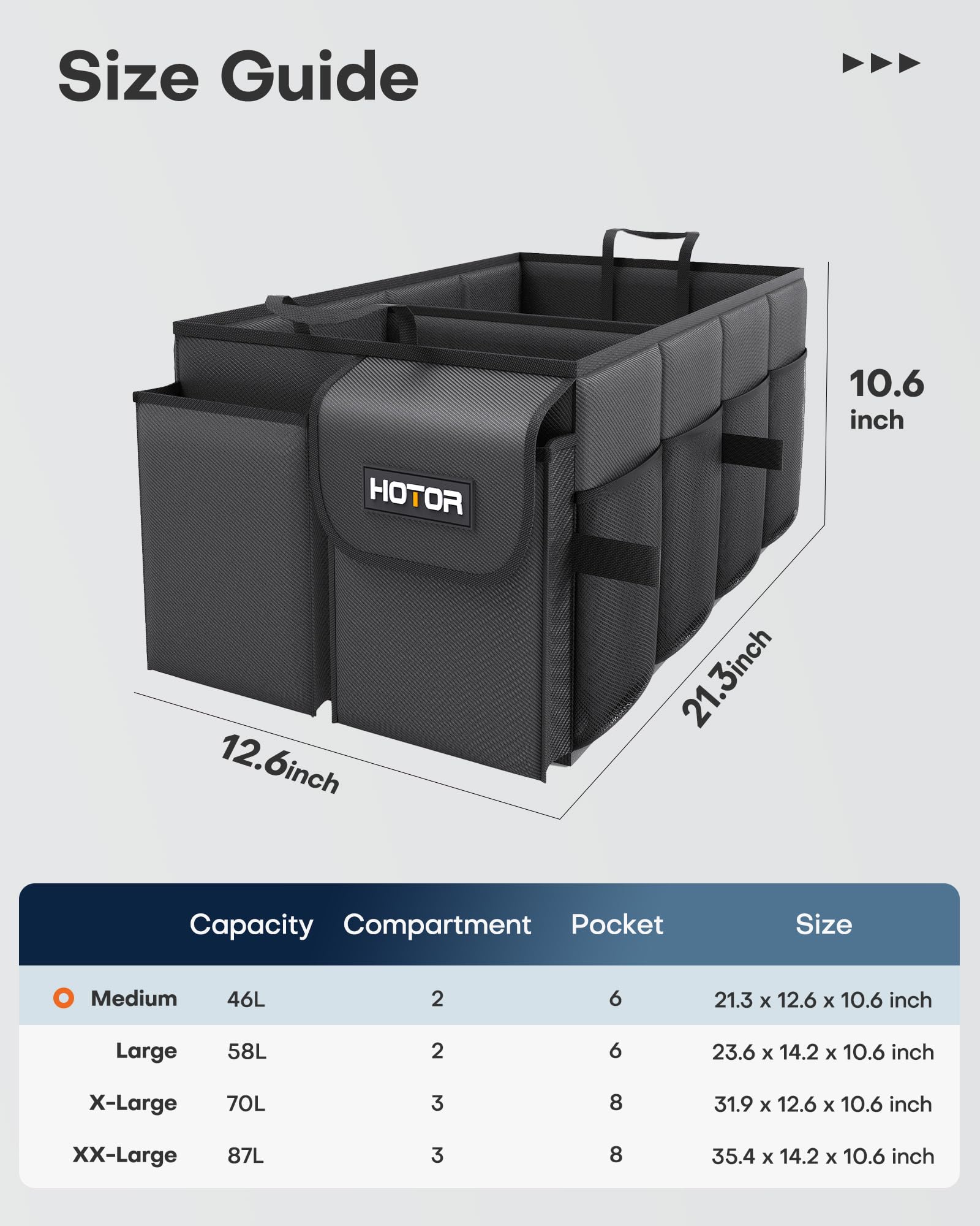 HOTOR Trunk Organizer - Foldable Car Organizer for SUVs & Sedans Storage