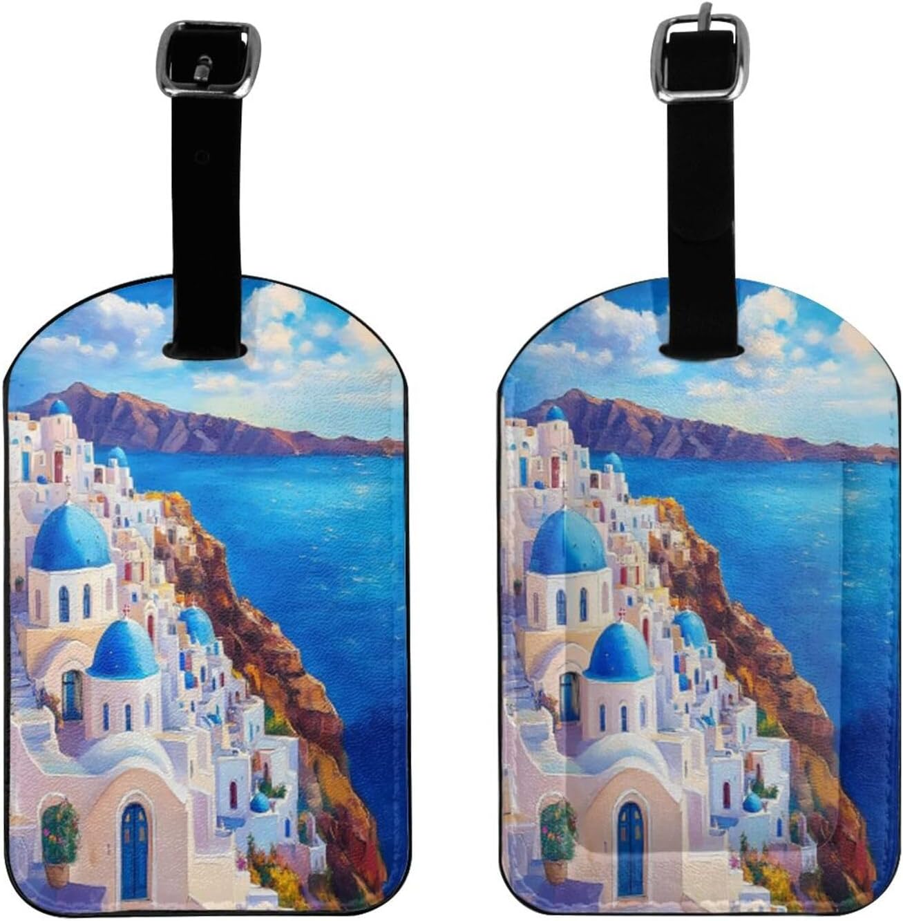 Aegean Sea Greece Luggage Tag for Suitcases,Santorini Landscape Painting PU Leather Baggage Tags Bag Tags Travel Id Label for Luggage Women Men -1 Piece