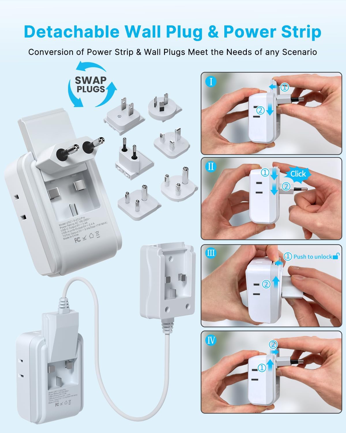 VINTAR Universal Travel Adapter Kit, 5ft Detachable Extension Cord with 4 AC Outlets & 3 USB(2 USB