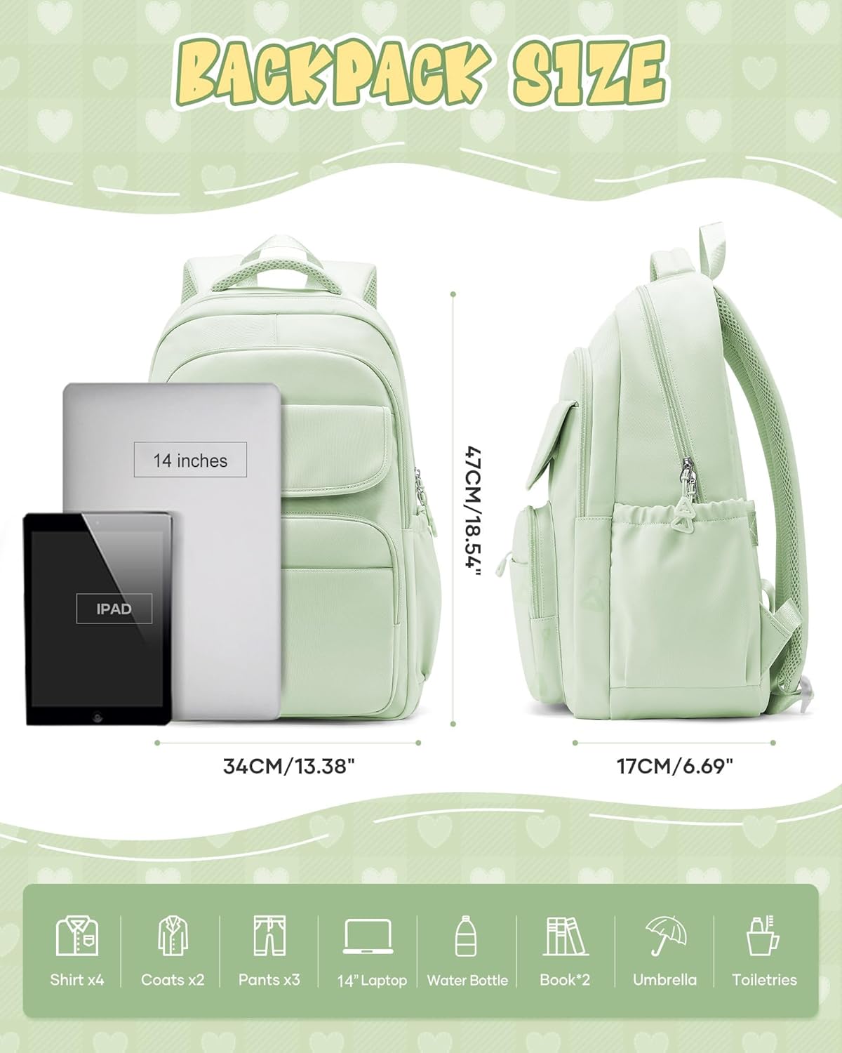 School Backpack for Women Men Cute Backpack for College Students Lightweight High School bag for Teens Girls Boys Waterproof Casual Daypacks Bookbag（MintGreen）