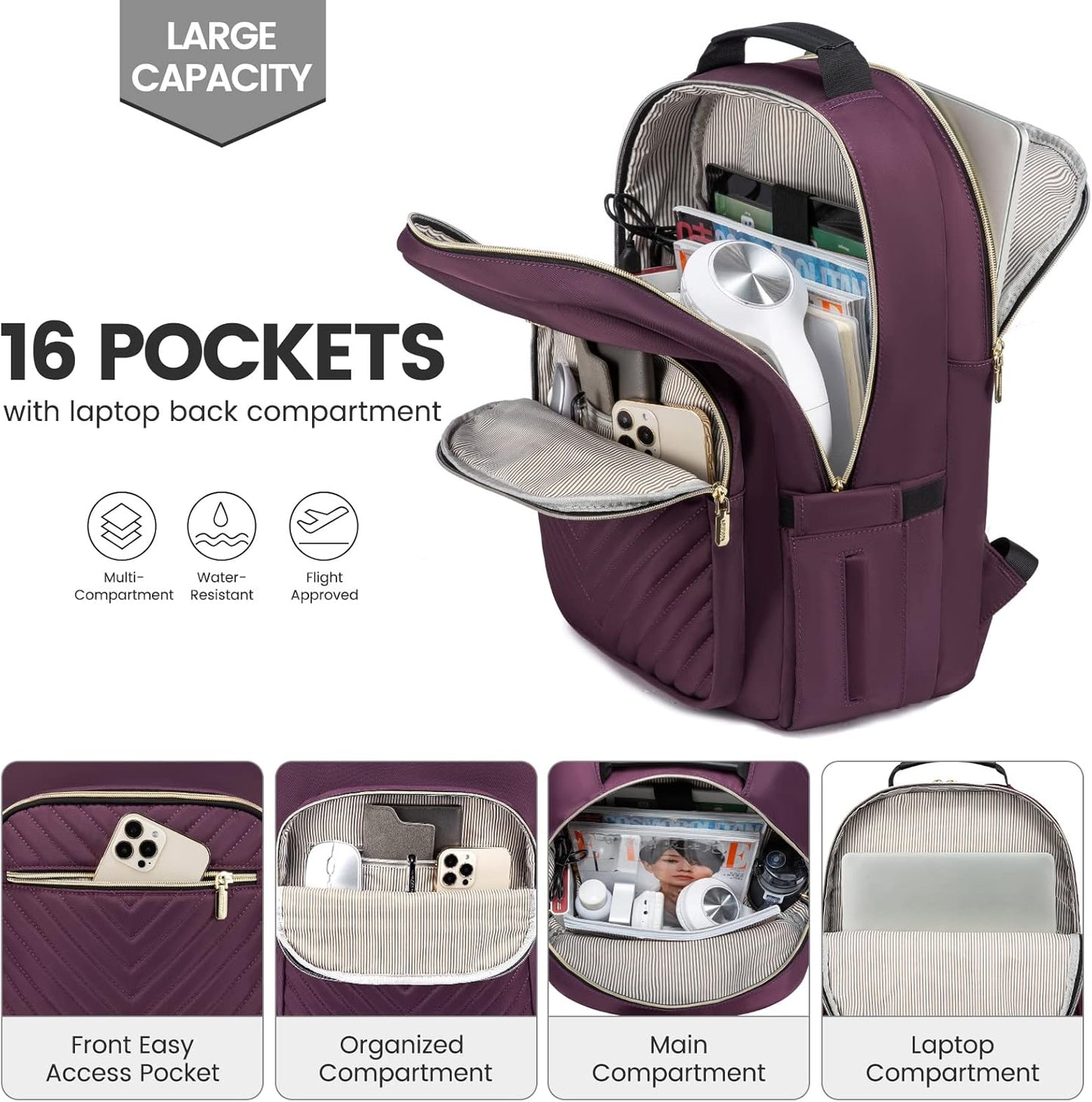LOVEVOOK Laptop Backpack for Women 18.4 inch,Cute Womens Travel Backpack Purse,Professional Laptop Computer Bag,Waterproof Work Business College Teacher Bag Carry on Backpack with USB Port,Deep Purple