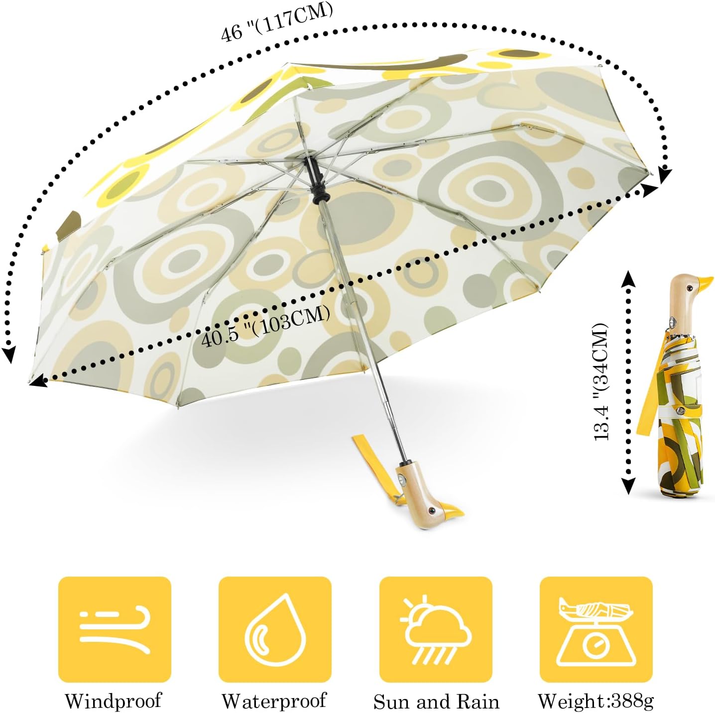 Cute Duck Umbrella Automatic - Compact Pretty Pocket Size Strong Duck Collapsible Umbrella Yellow Wooden Handle for Women