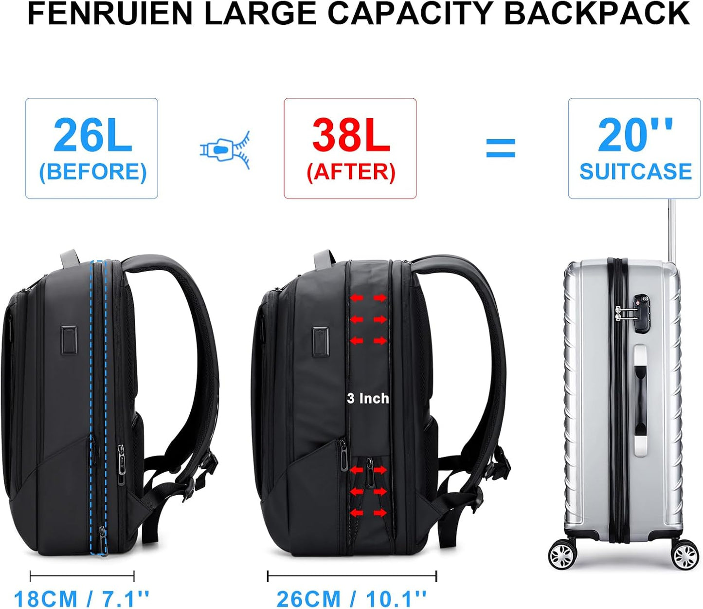 FENRUIEN Business Travel Backpack for Men, Expandable Water Resistant Computer Backpack with USB