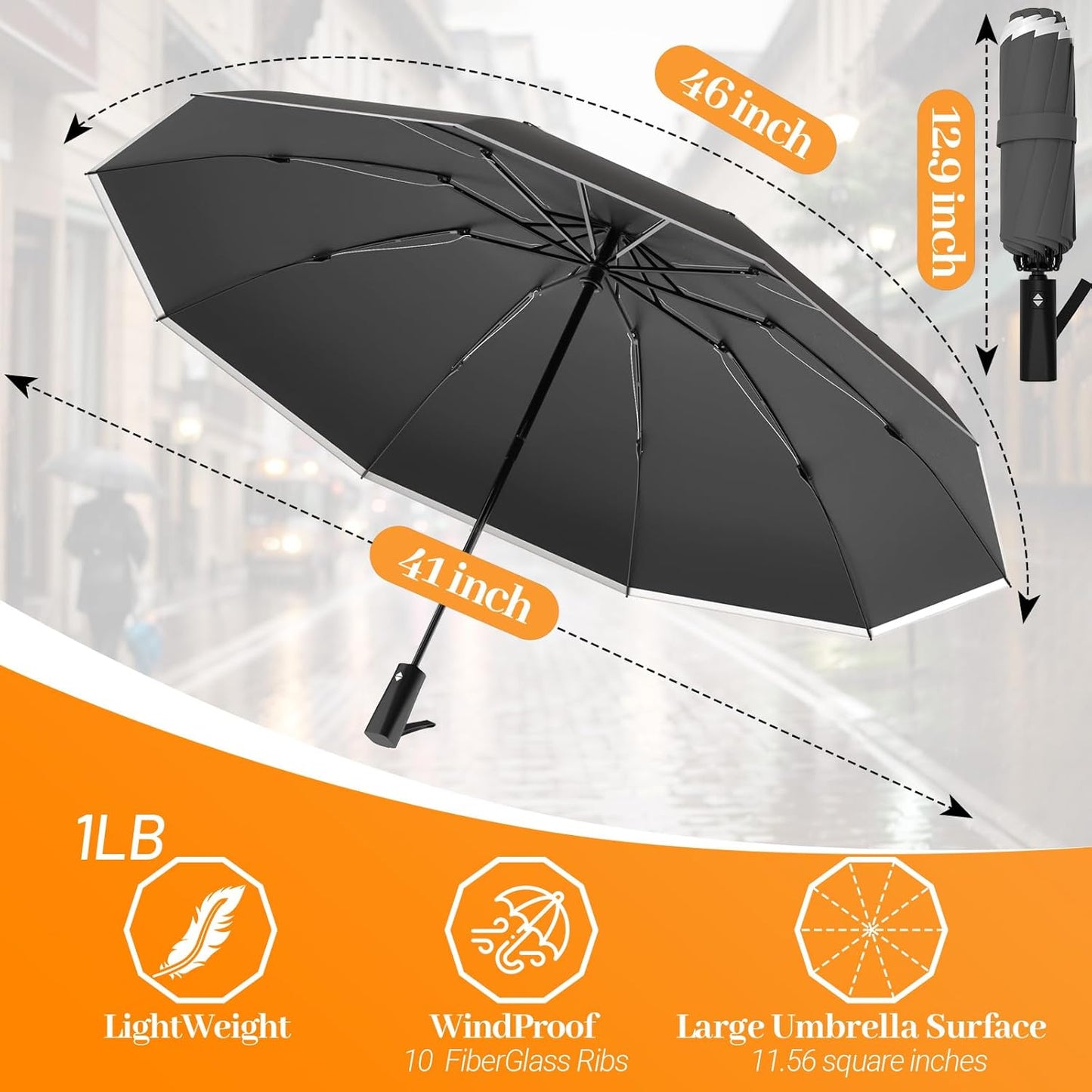 Travel Umbrella Superior, Beautiful & Compact, Large Strong but Light Portable and Automatic