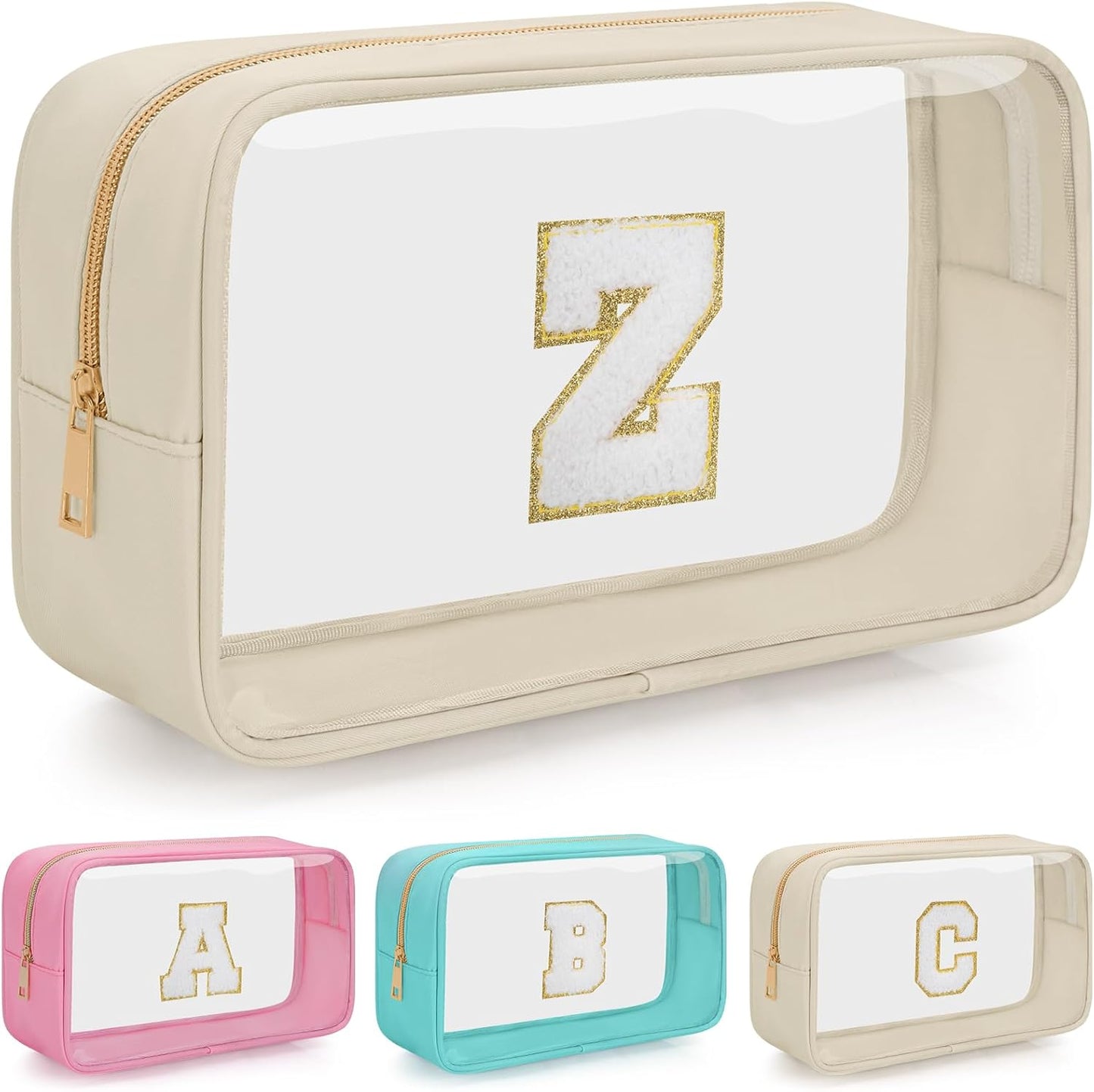 Personalized Initial Clear Makeup Bag, Travel Chenille Patch Cosmetic Bag, Preppy Toiletry Bag Monogram Cosmetic Pouch with Zipper, Ideal Gift for Teen Girls Women (Clear-Beige, Z)