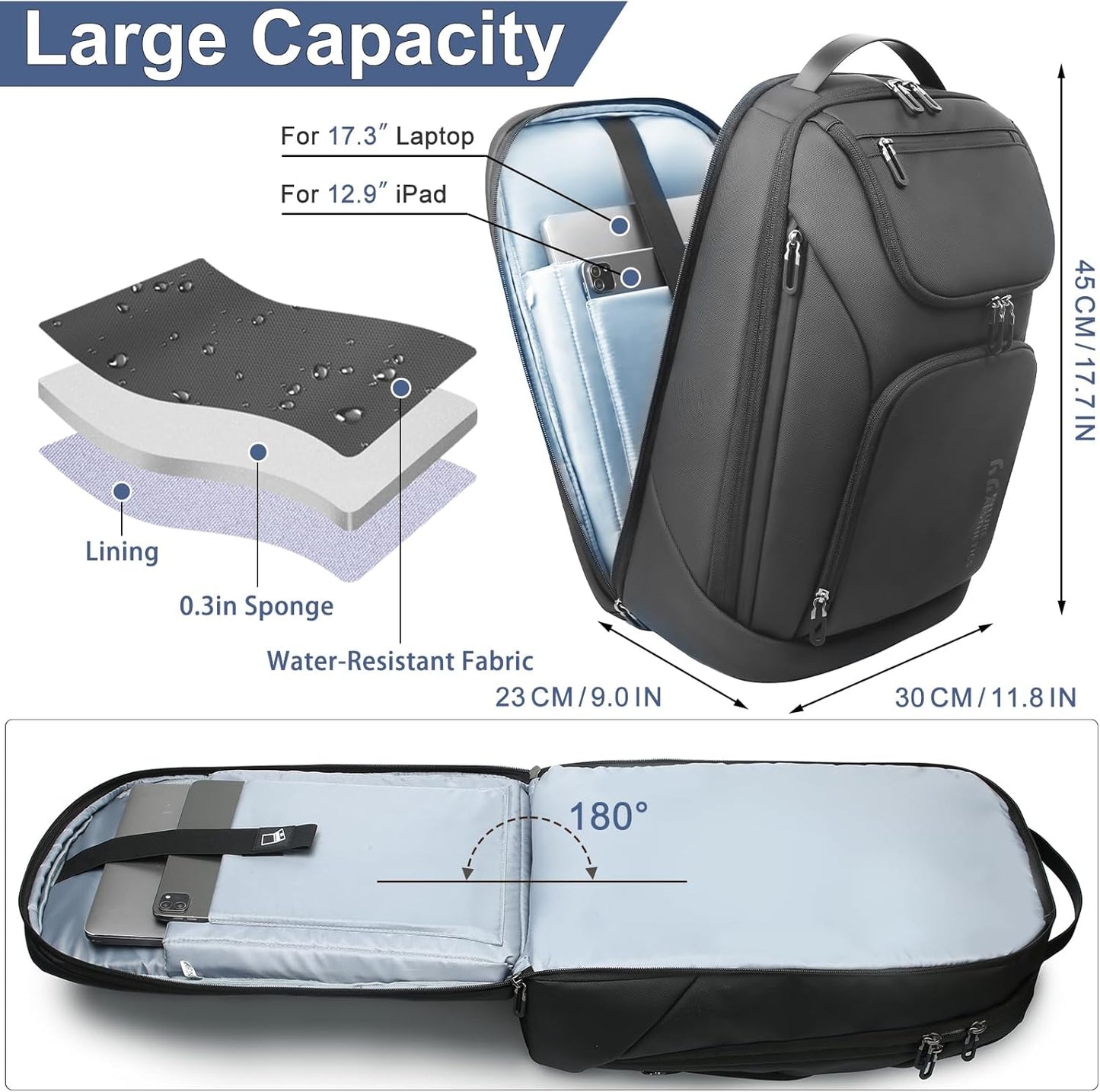 hk Business Smart Backpack for Men Anti-Theft for 17.3 Inch Laptop with USB Charging Port Water-Resistant Large Durable Compact 30L for Travel College Work-Deep Black