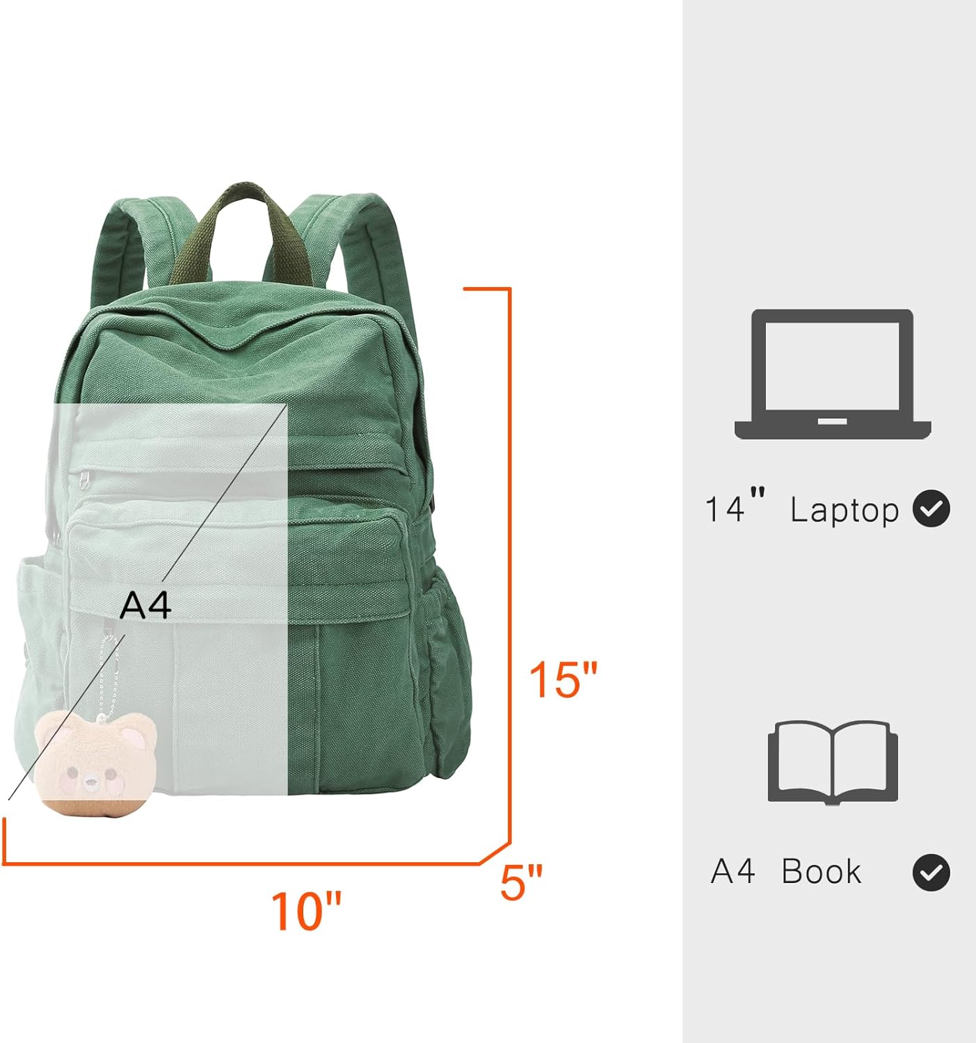 Phaoullzon Medium Canvas Laptop Backpack for Women, Girls Vintage Travel Daypack, Emerald green