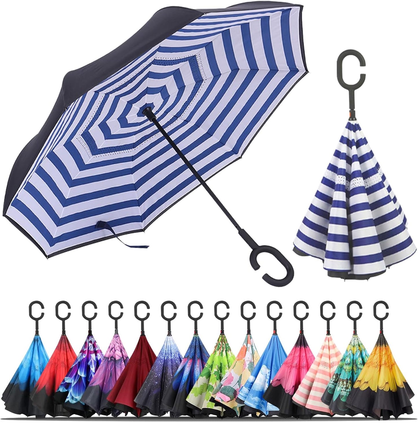 LLanxiry Windproof Inverted Umbrella, Large Reverse Umbrellas for Rain with C-shaped Handle Big Upside Down Inside Out Umbrella for Women & Men
