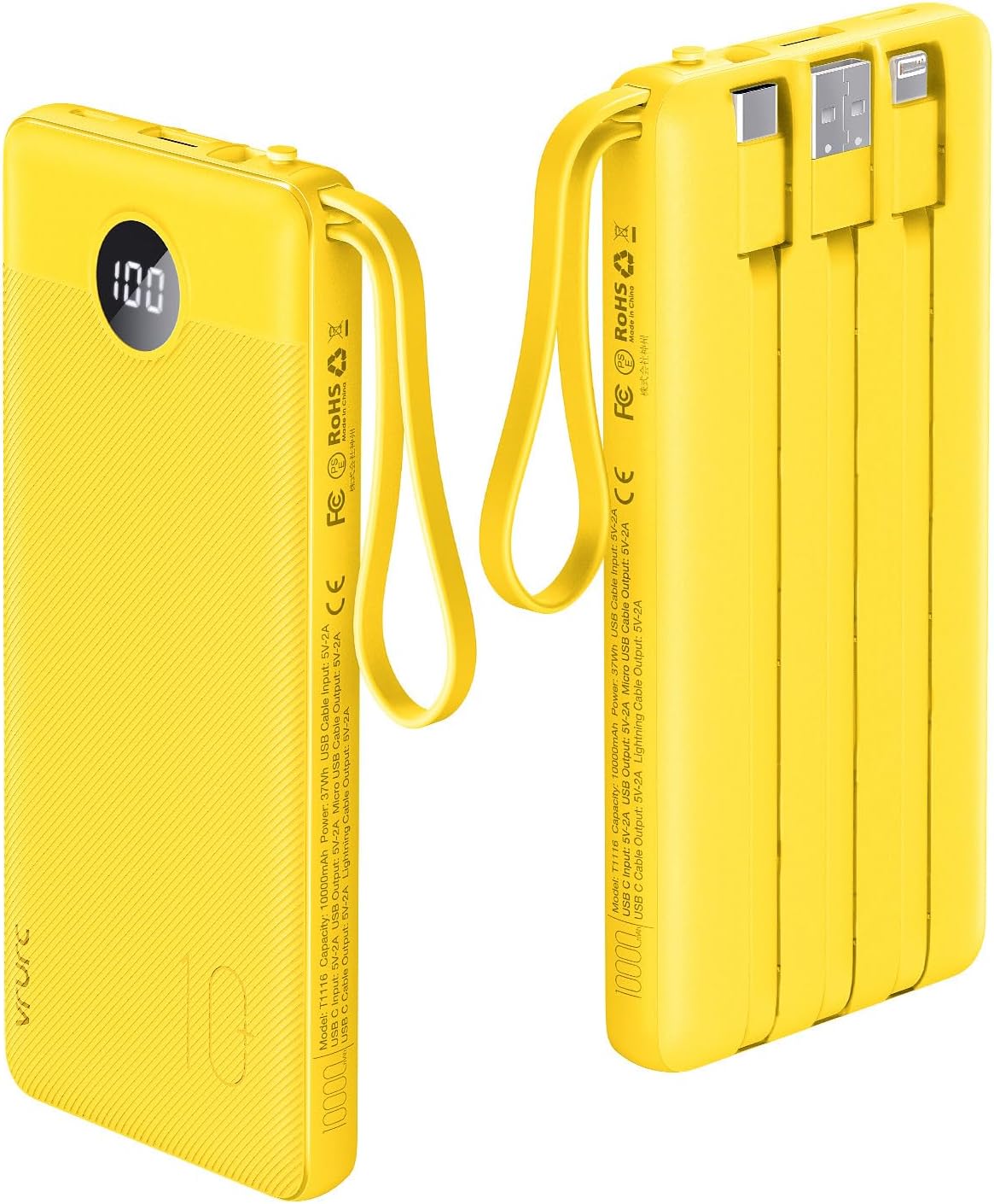 VRURC Portable Charger with Built-in Cables, 10000mAh LED Display USB C Power Bank, Slim Travel Battery Pack with 5 Output 2 Input Compatible with iPhone 17 16 15 13,Samsung,Android etc-Yellow(1 Pack)