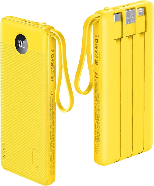 VRURC Portable Charger with Built-in Cables, 10000mAh LED Display USB C Power Bank, Slim Travel Battery Pack with 5 Output 2 Input Compatible with iPhone 17 16 15 13,Samsung,Android etc-Yellow(1 Pack)
