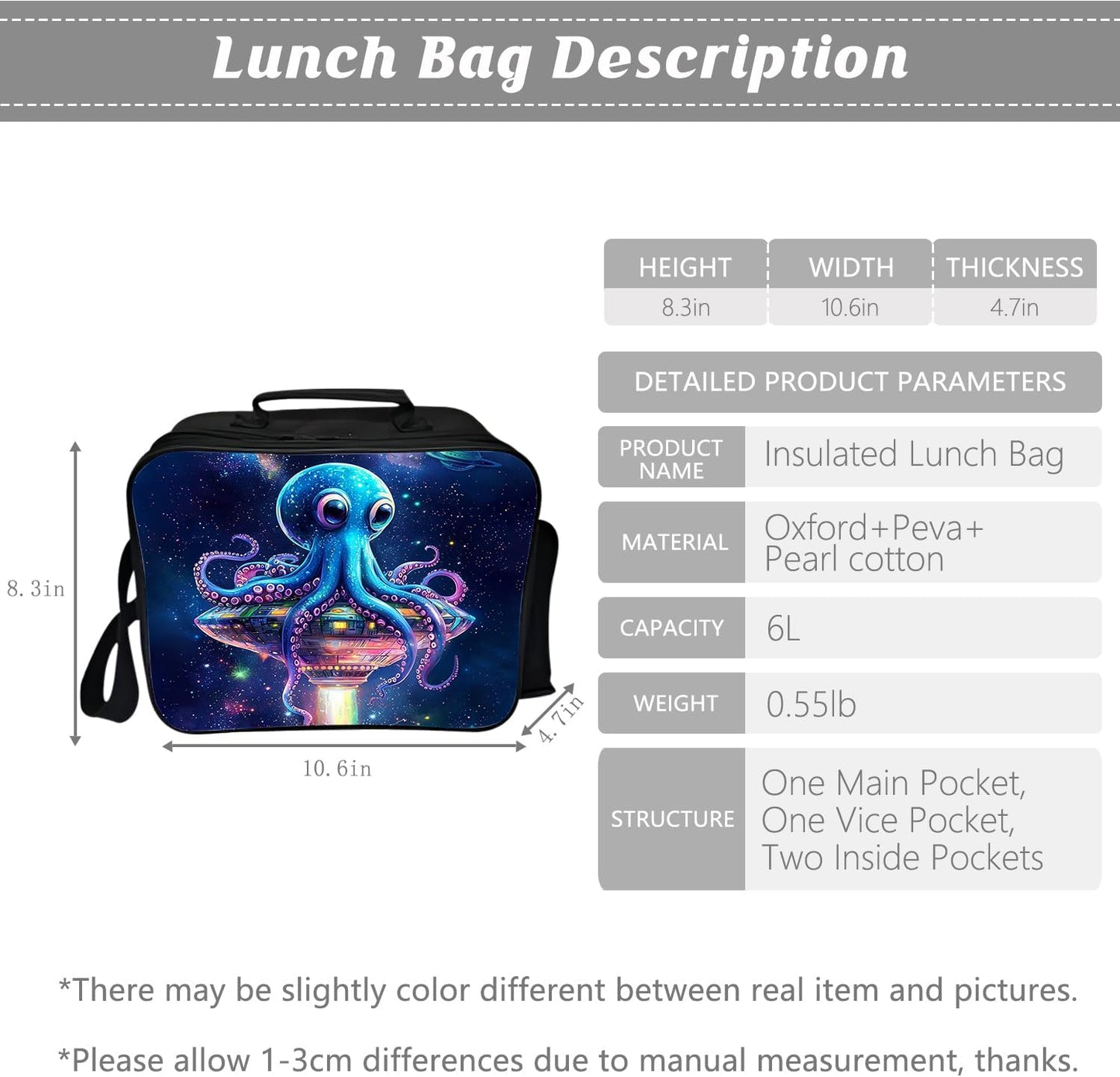 Klymax Octopus Backpack Space Galaxy Animal Spacship Kids Schoolbag with Lunch Box Bag Pencil Bag 3pcs Bookbag Sets for Boys Girls