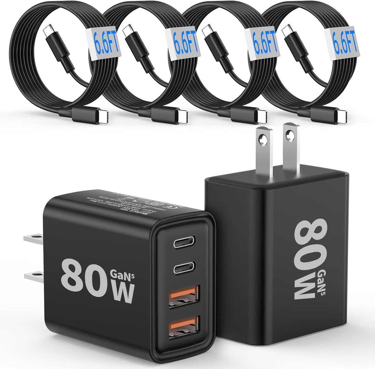 [2-Pack] USB C Wall Charger,80W 4-Port Type C Fast Charging Block,USBC Multiport Wall Plug PD20W&QC20W GaN Charging Cube with 6.6FT USB C Cable for iPhone 17/16/15/14Pro Max/XS/XR, Samsung(Block)