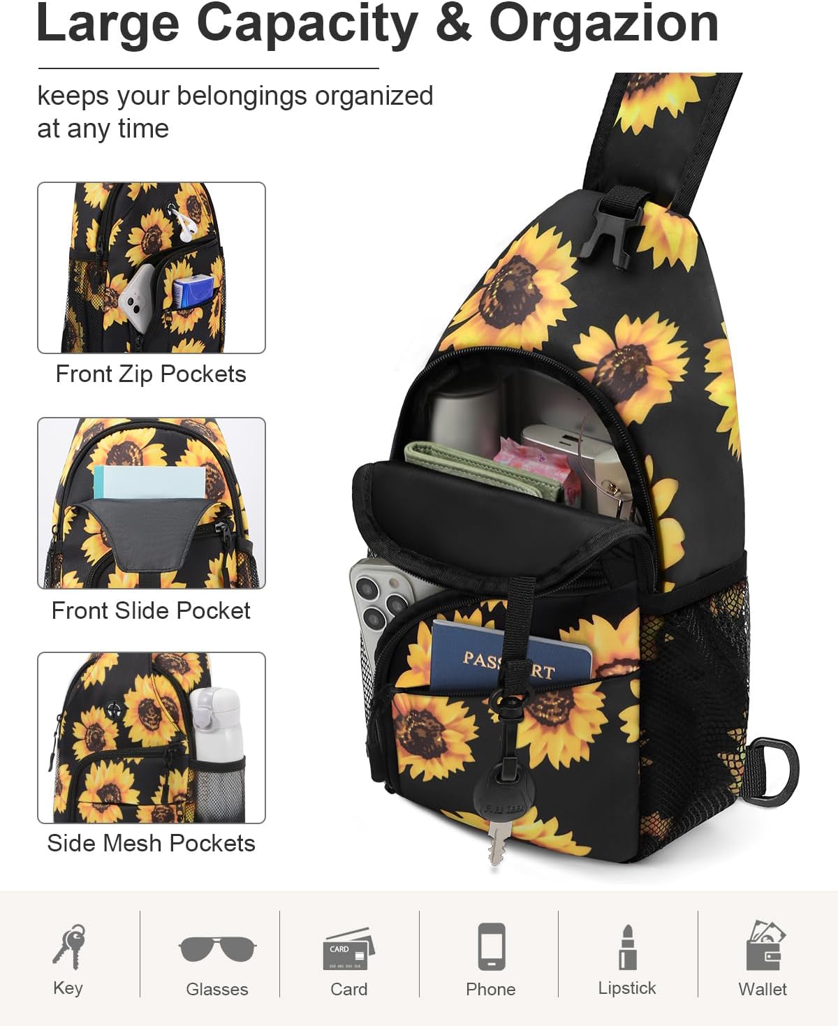 Crossbody Bags for Women Man Waterproof Sling Bag Backpack Trendy Casual Cross Body Bag with Convertible Shoulder Strap Chest Bag for Camping Hiking Travel Essentials (Sunflower, Medium)