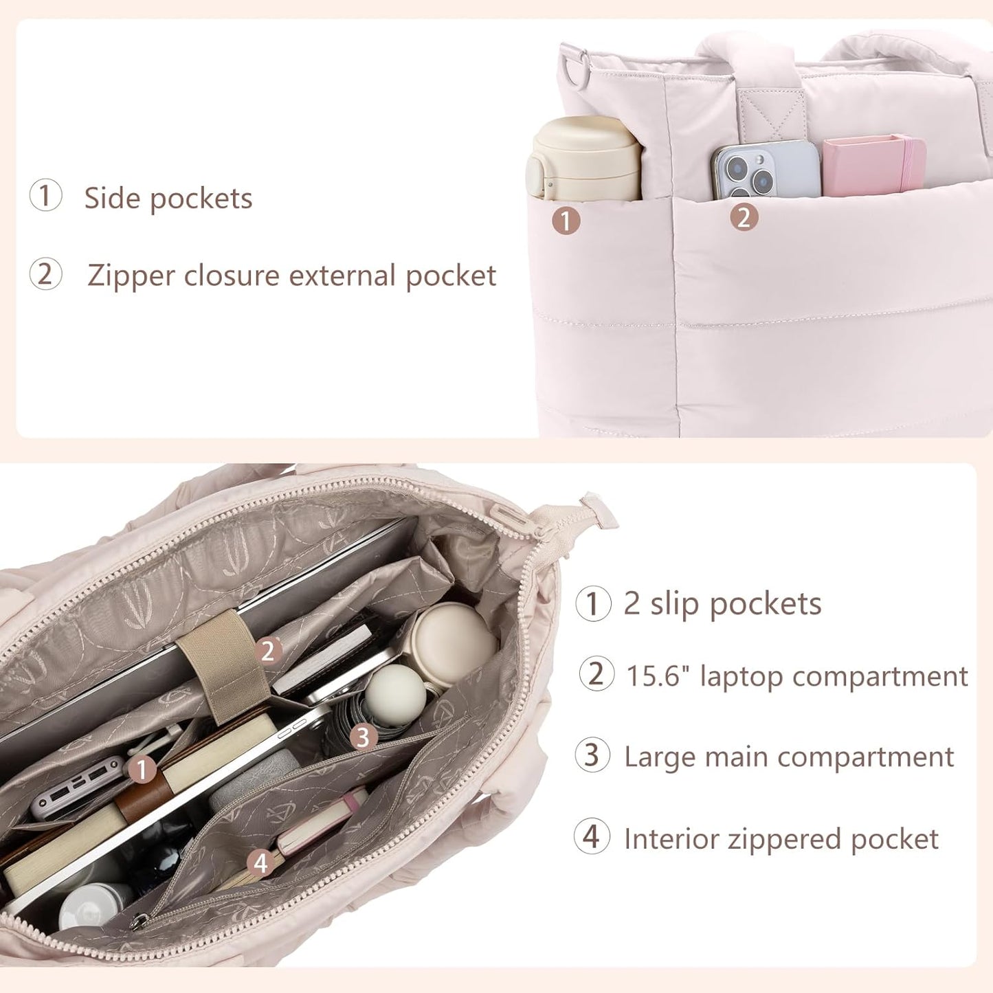 Tote Bag for Women Puffer Tote Bag Large Nurse Bags Shoulder Handbag with Zipper for Work Travel