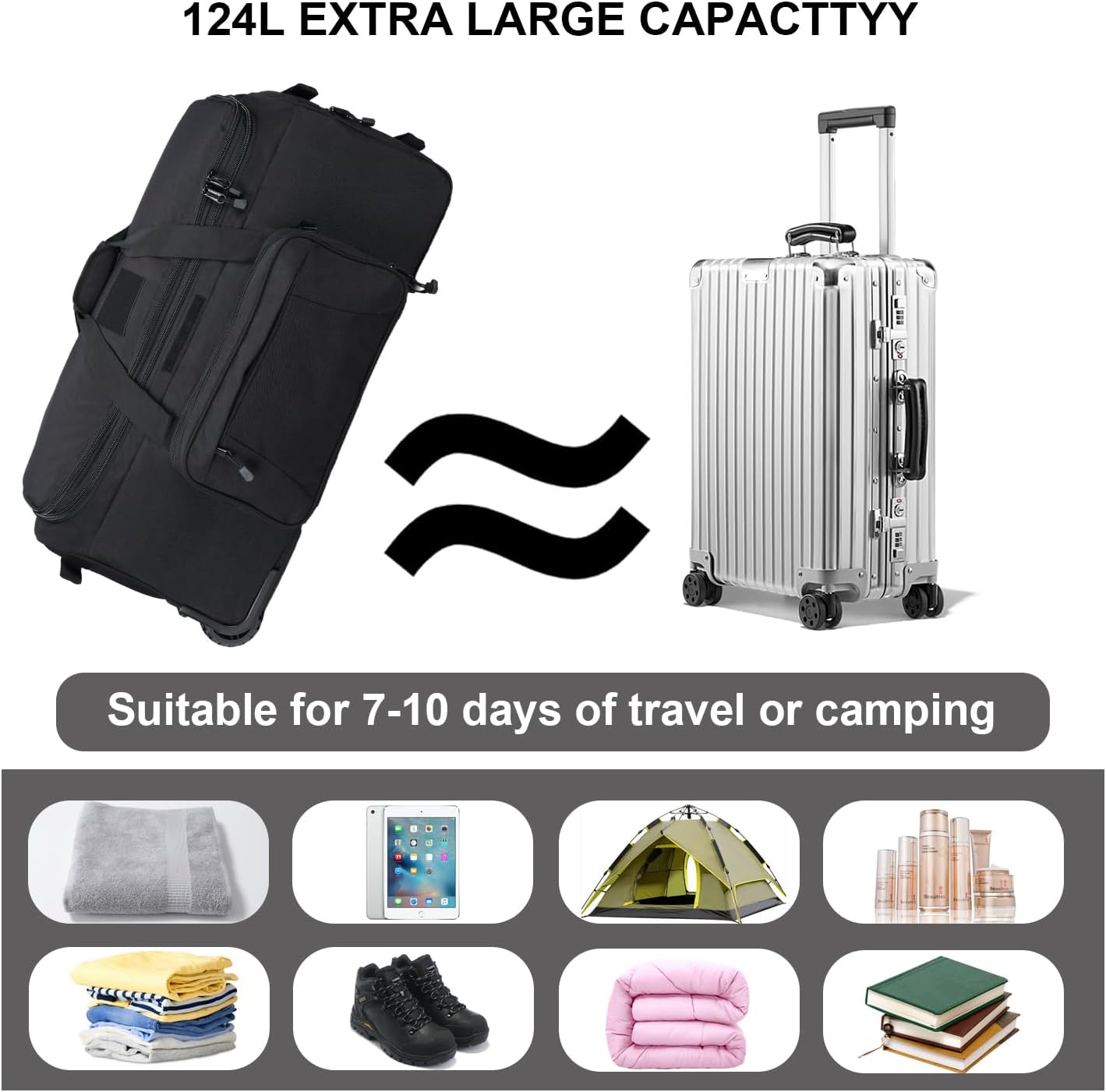 Military Wheeled Deployment Bag Large Tactical Heavy Duty Duffel Bag for Camping Hiking (Black)