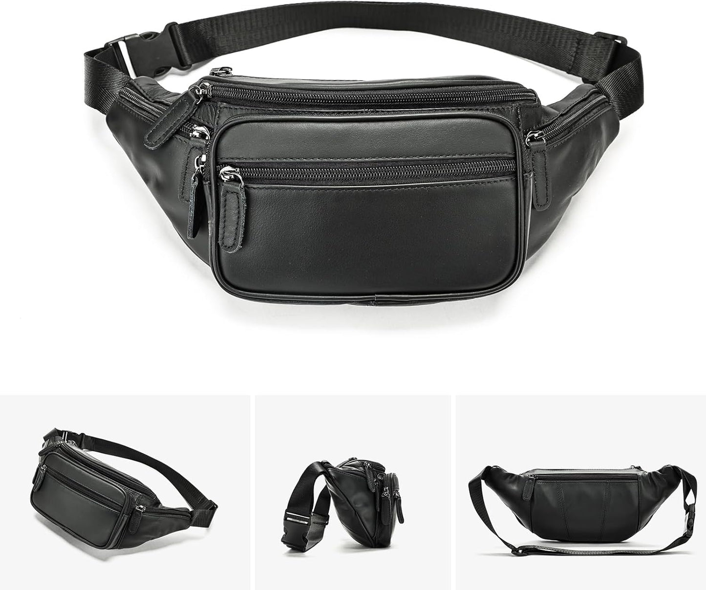 Genuine Leather Fanny Pack Men Women Multi-Pockets sling Waist Bag For Travel Sports Hiking Cycling Fishing Running Black Large