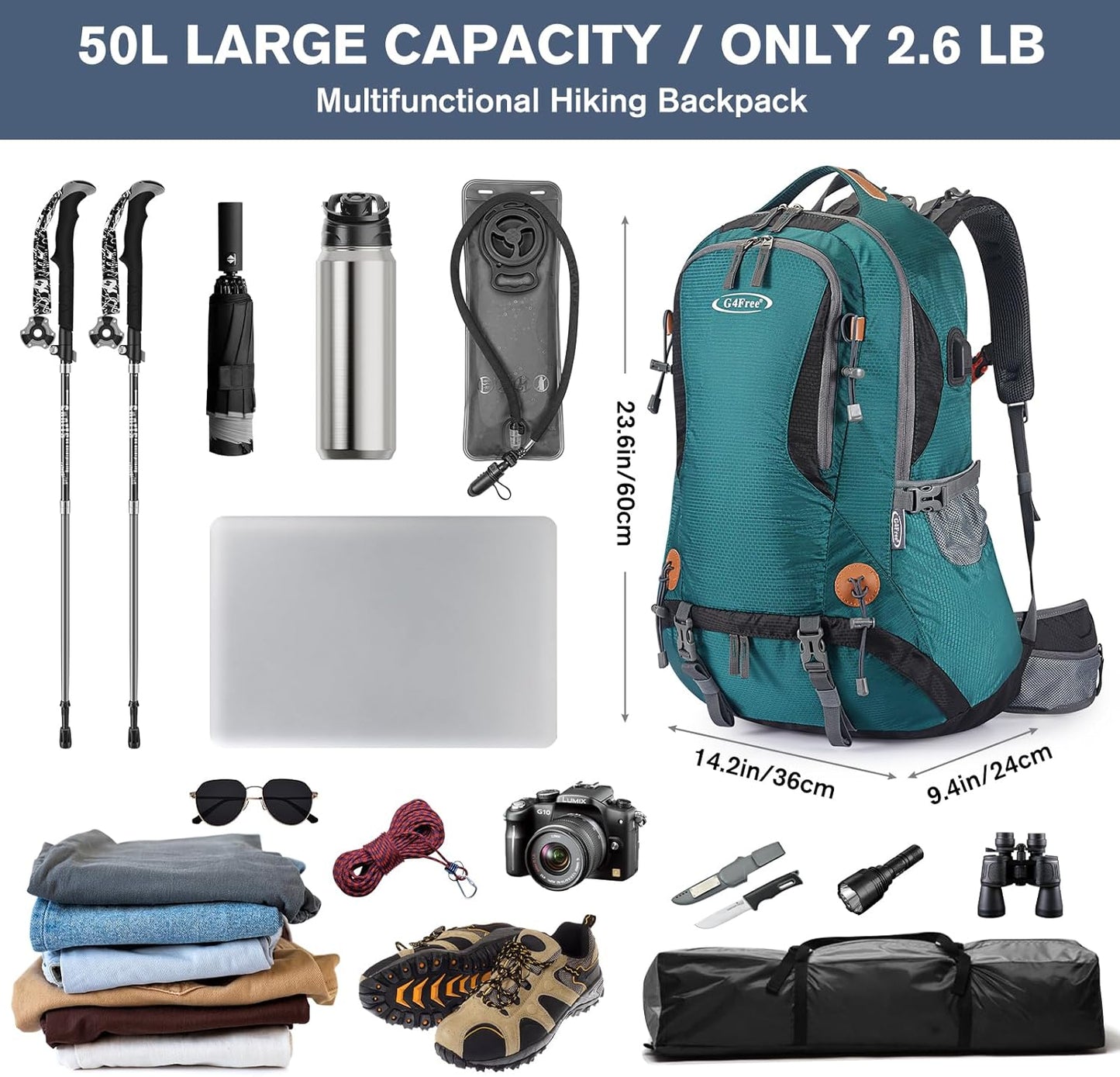 G4Free 50L Hiking Backpack Waterproof Daypack Outdoor Camping Climbing Backpack with Rain Cover for