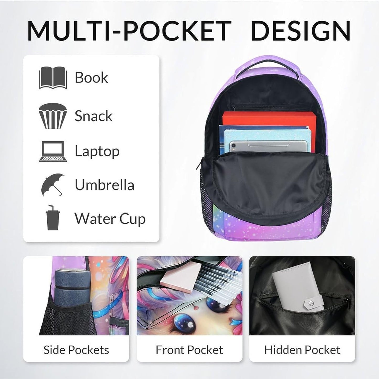 School Backpack for Girls, Cat Backpack for Kids, 17" Cute Rainbow Bookbag for Toddler, School Bag for Preschool Kindergarte Elementary