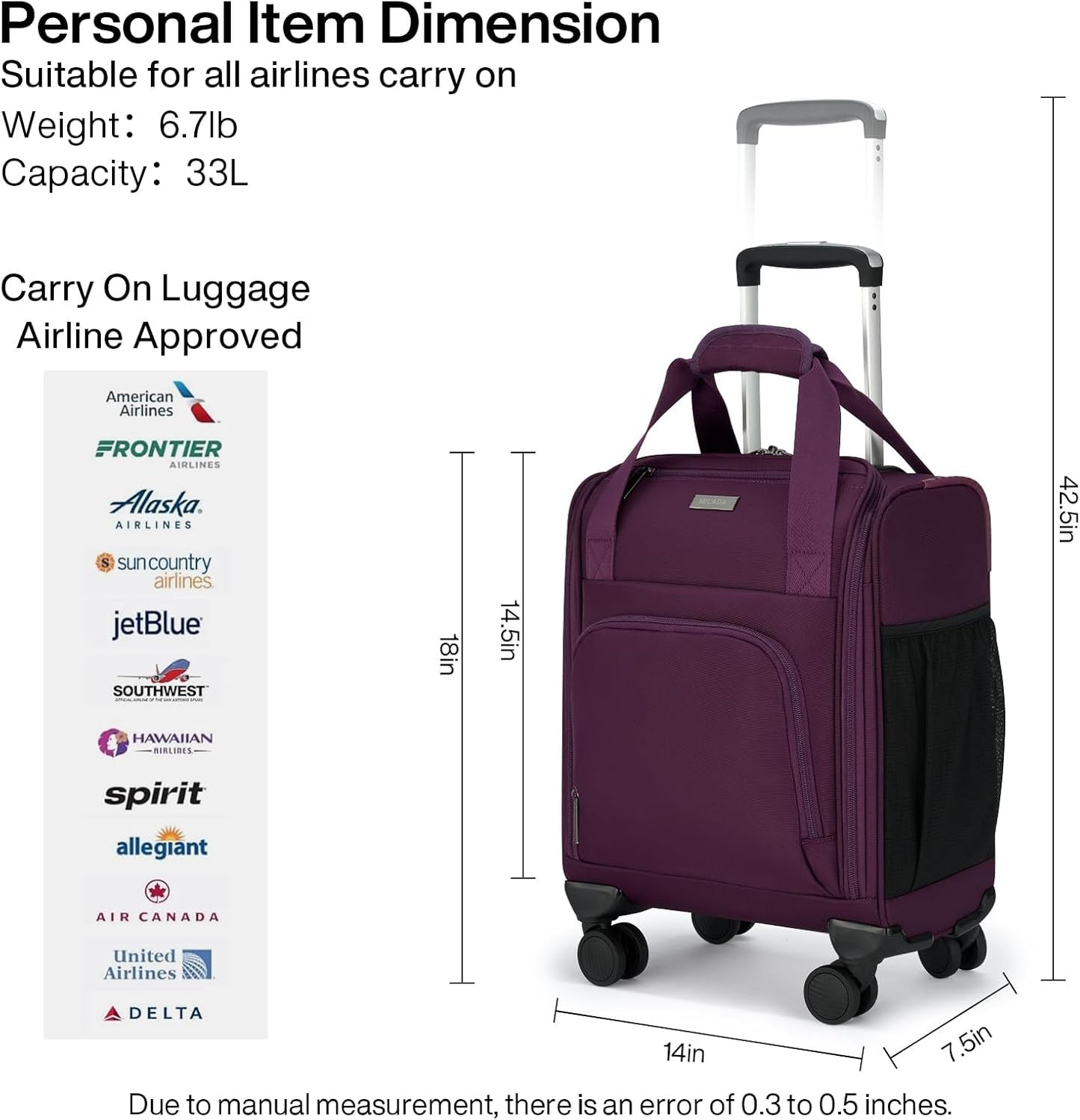 MILADA Carry On Luggage Airline Approved 16 Inch Underseat Small Suitcases with Wheels Softside Travel Luggage Personal Item Overnight Bag Business Mini Suitcase for Women and Men, Purple