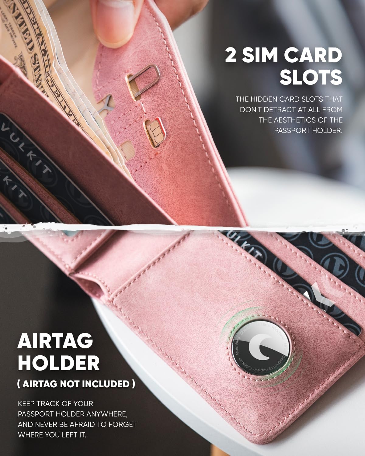 Real Leather Wallet Airtag Compatible RFID Bifold Travel Card Holder Black (Pink)