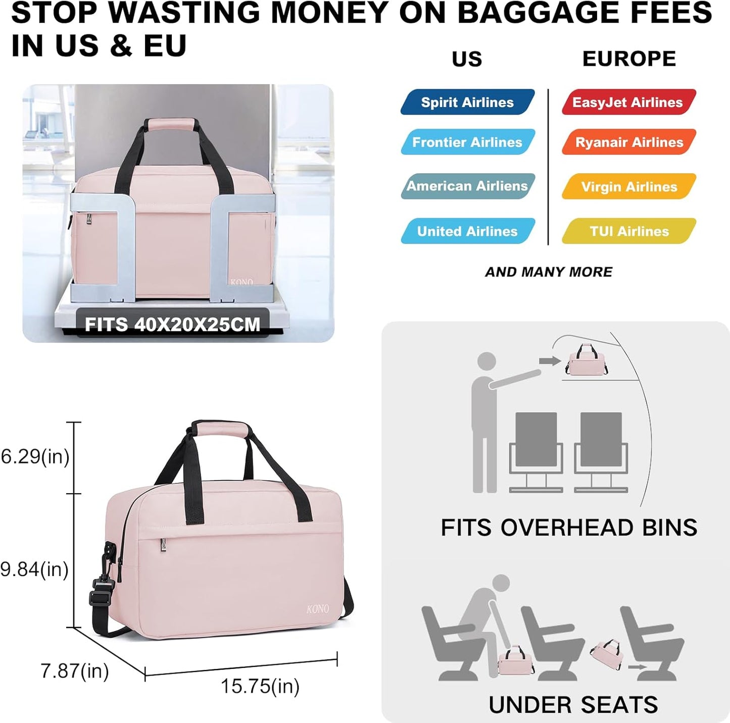 Kono Travel Duffel 20L Under Seat Carry-On Sports Tote Gym Weekender Overnight Bag - 15.75"x9.84"x7.87" Pink