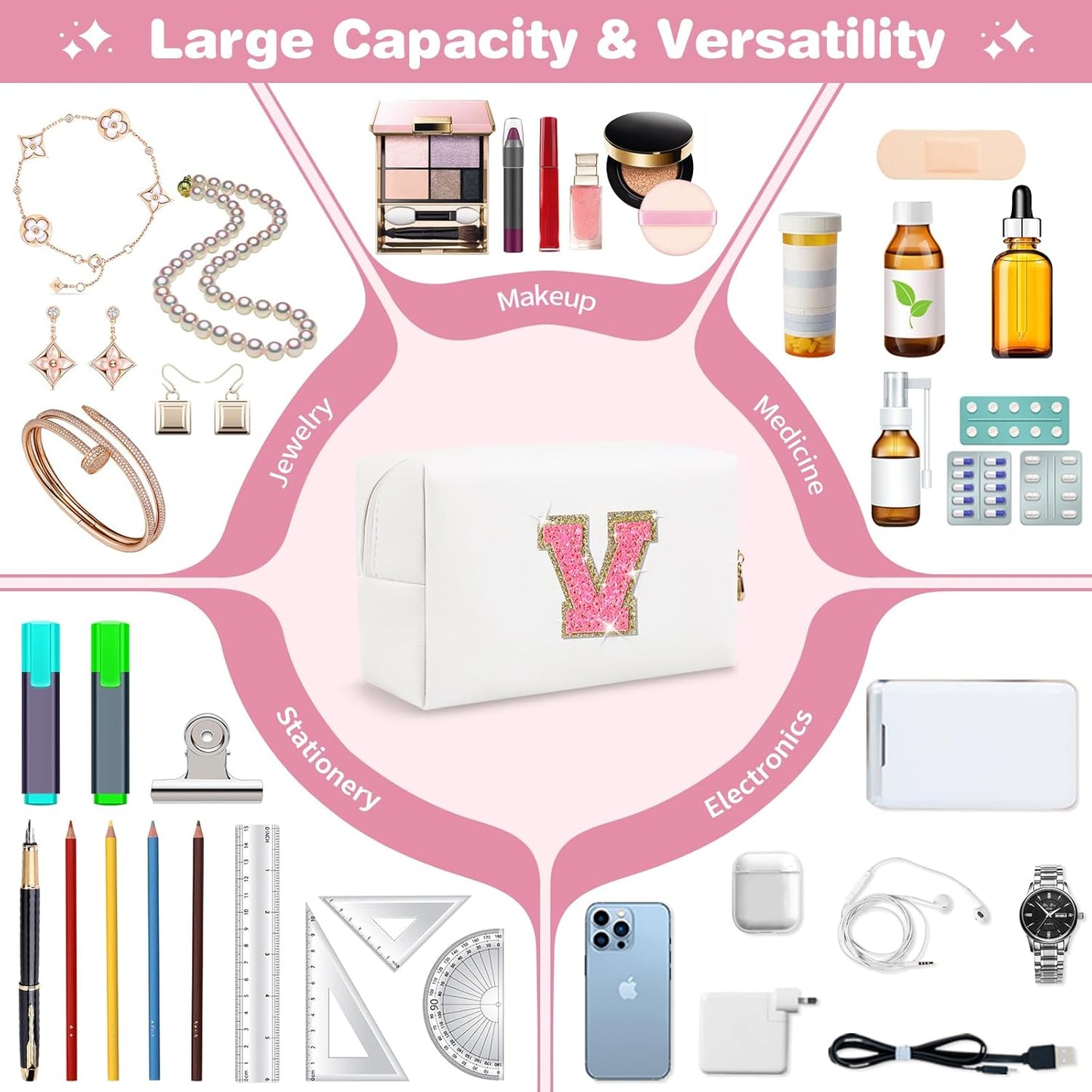Small Personalized Initial A-Z Patch Makeup Bag,White Cute PU Leather Glitter Letter Cosmetic Bag for Teen Girls,Travel Toiletry Bag with Zipper,Preppy Monogrammed Birthday Gift for Daughter Niece V