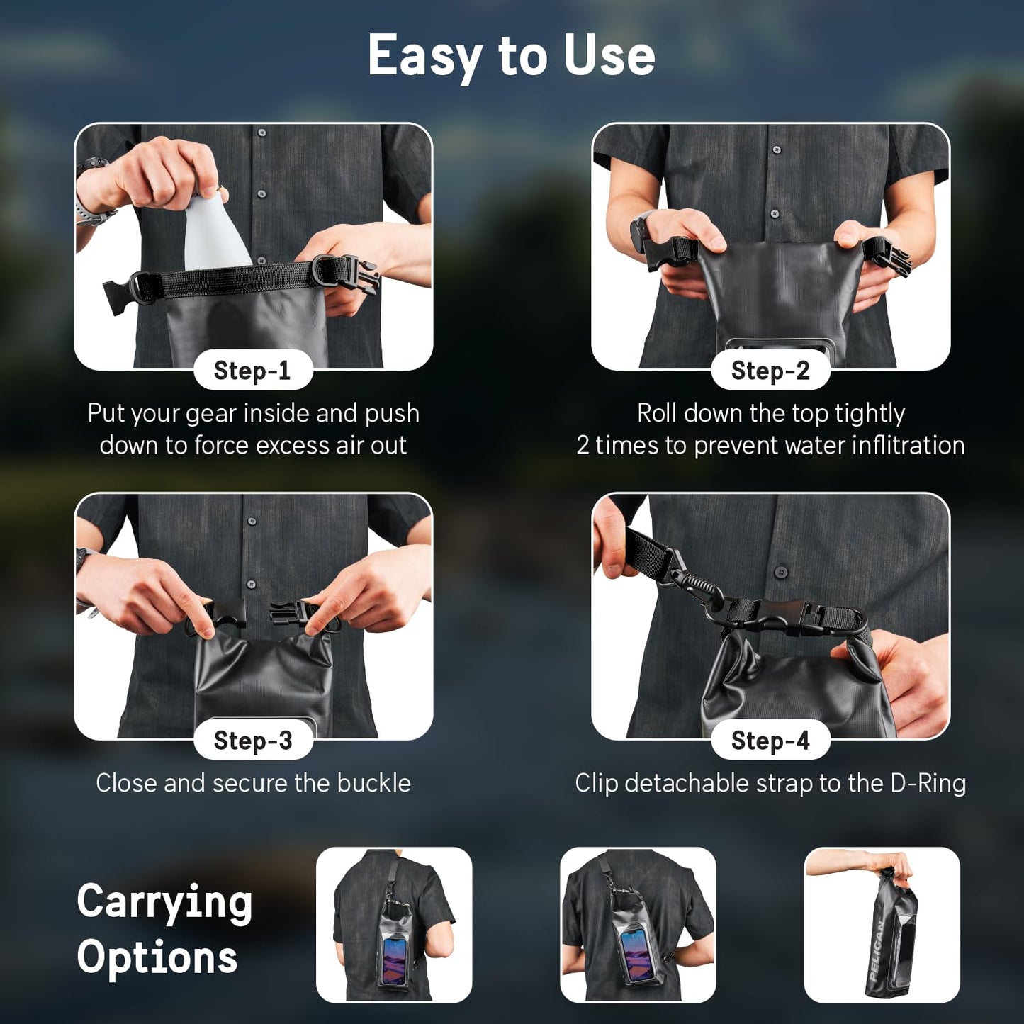 Pelican Marine IP68 Waterproof Dry Bag 2L with Phone Pouch/Case - Black