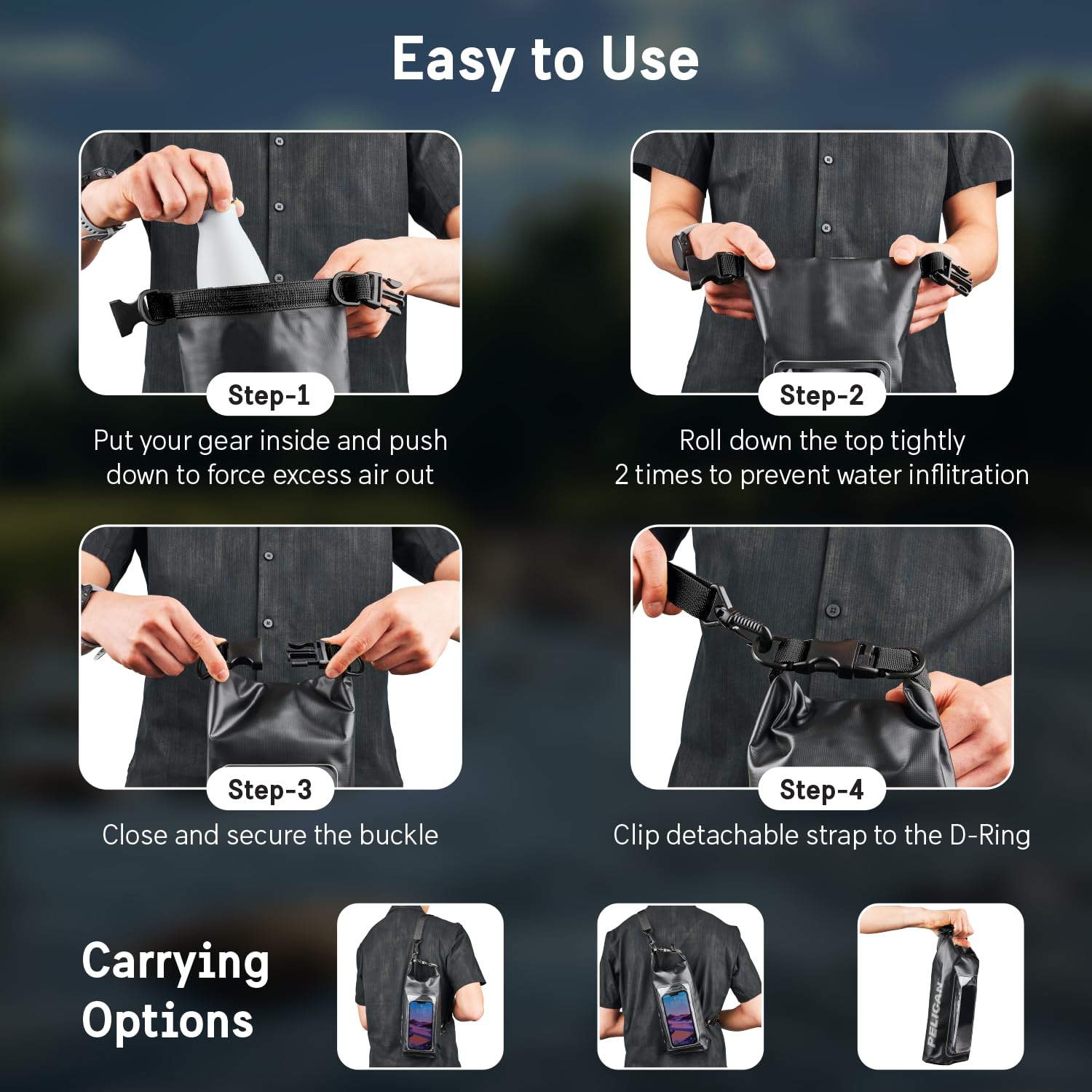 Pelican Marine IP68 Waterproof Dry Bag 2L with Phone Pouch/Case - Black