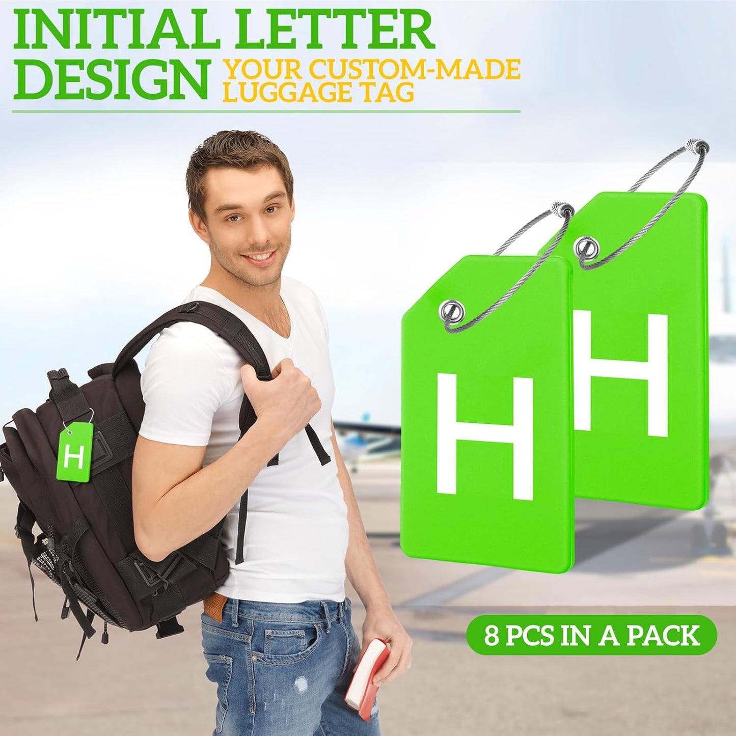 8 Pcs Initial Letter A-Z Luggage Tags Silicone Suitcase Instrument Tag with Name Card and Stainless Steel Loop(Letter H,Green)