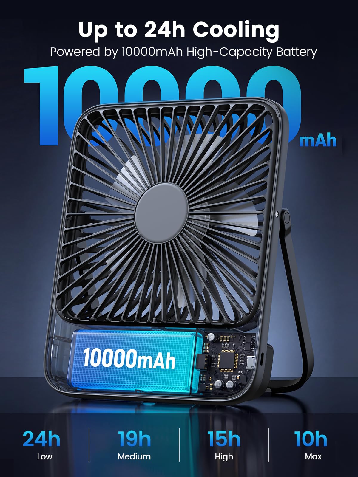 Warmco D3 10000mAh Portable Travel Fan 7-inch, Up to 24H Runtime