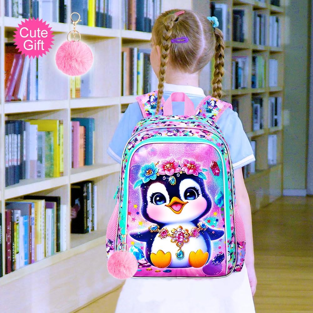 3Pcs Backpack for Girls, 16" Penguin Kids Bookbag for Elementary Preschool Kindergarten, School Backpacks with Lunch Box(Pink)